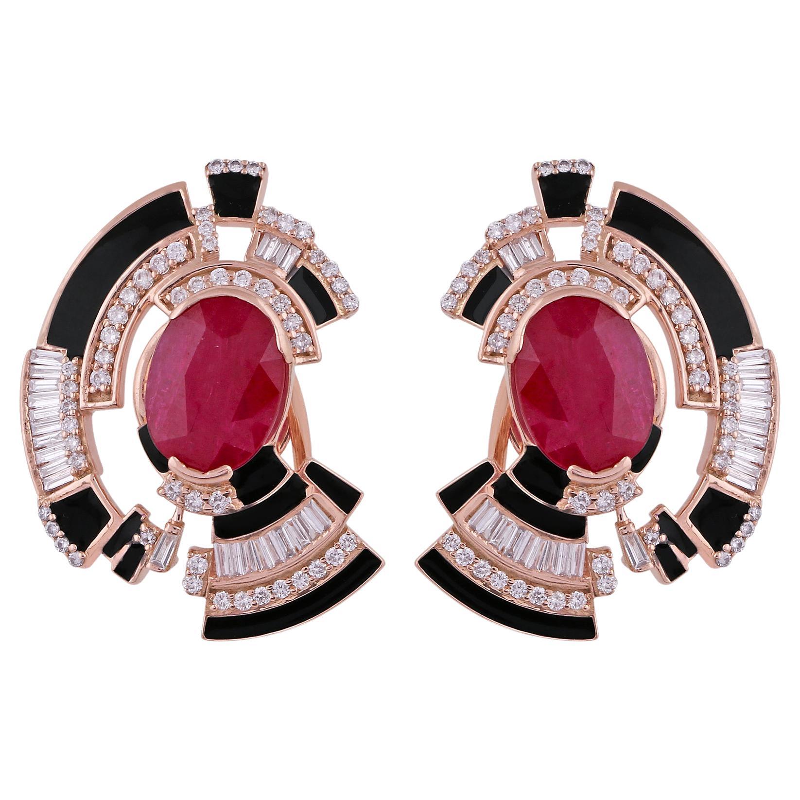 5.45 Carat Ruby Enamel Stud Earrings 0.11 Ct Baguette Pave Diamond 18k Rose Gold