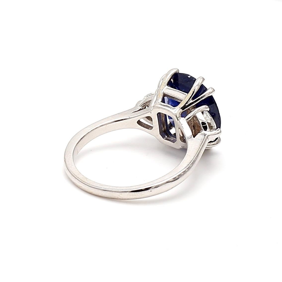 Women's 5.45 Carat Sapphire 0.70 Carat Half Moon Shape Diamond 18K White Gold Ring For Sale