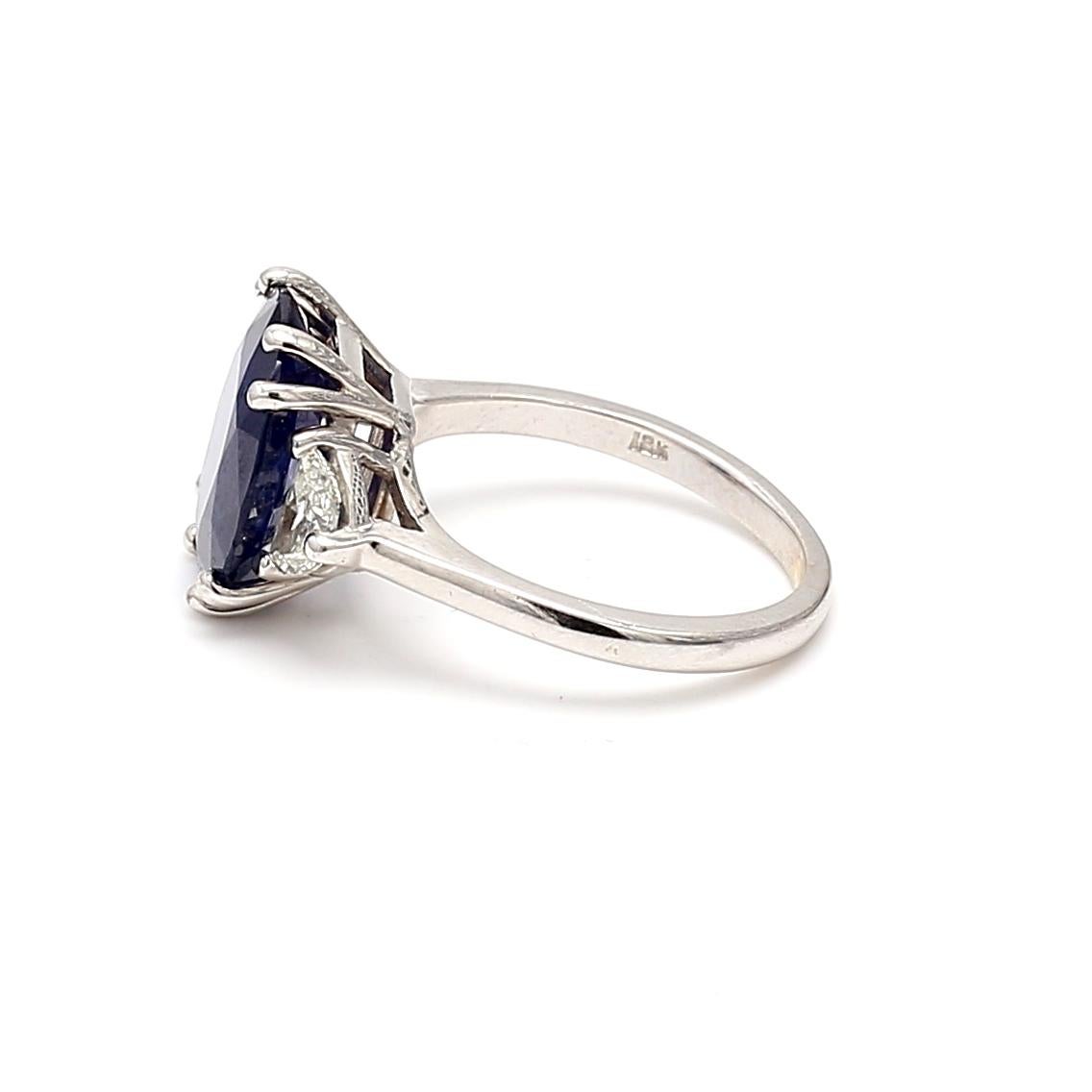 5.45 Carat Sapphire 0.70 Carat Half Moon Shape Diamond 18K White Gold Ring For Sale 3