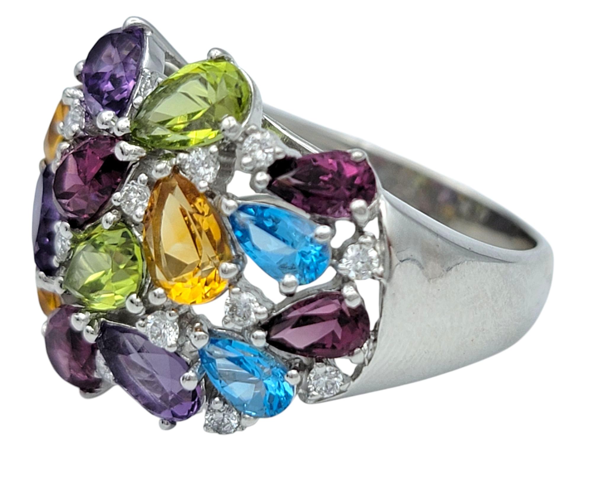 Taglio a goccia Anello Cocktail Multi Pear Gemstone Cluster da 5,45 carati totali, oro bianco 18 carati in vendita