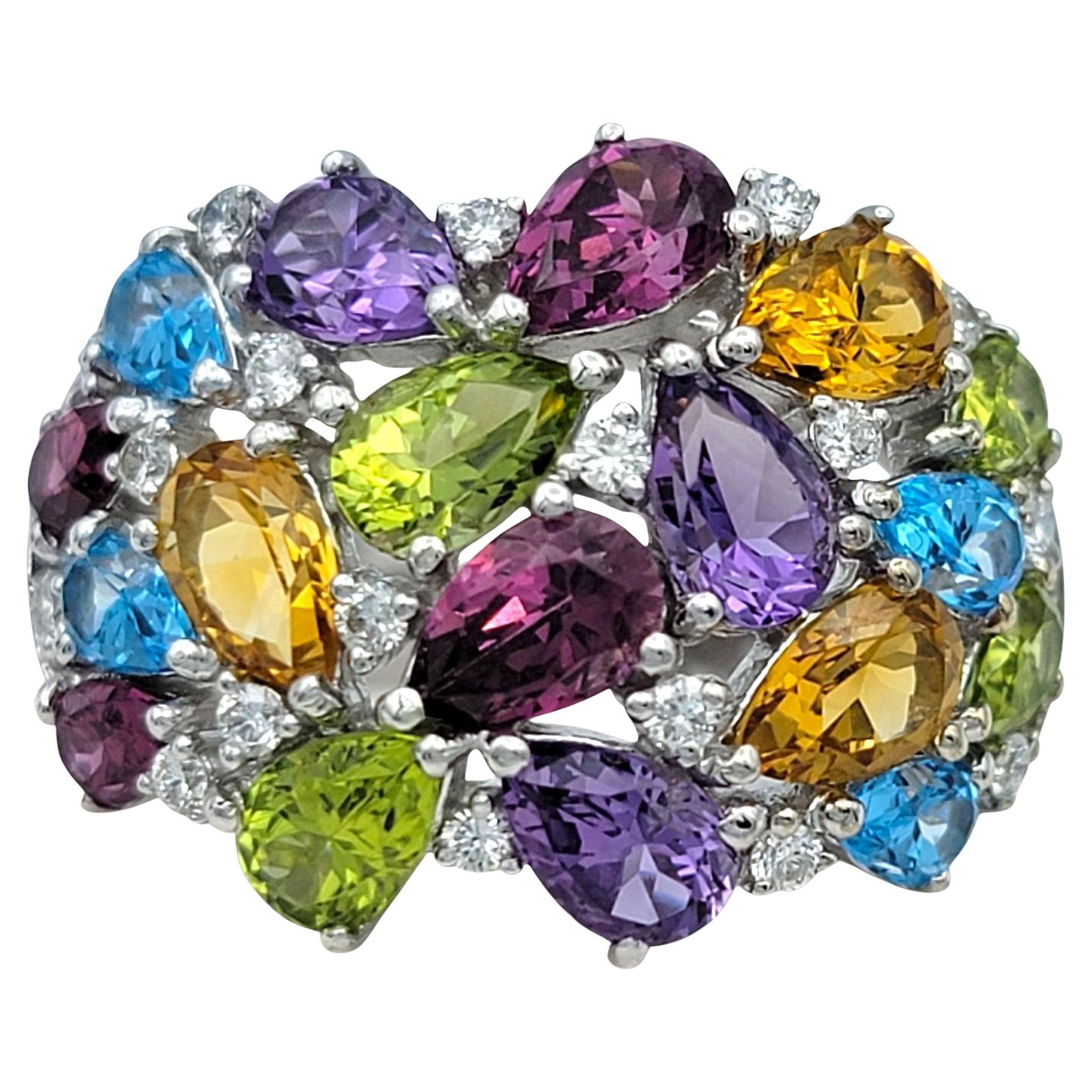 5.45 Carat Total Multi Pear Gemstone Cluster Cocktail Ring 18 Karat White Gold