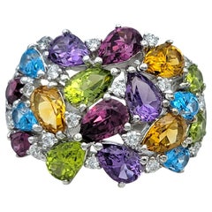 5.45 Carat Total Multi Pear Gemstone Cluster Cocktail Ring 18 Karat White Gold