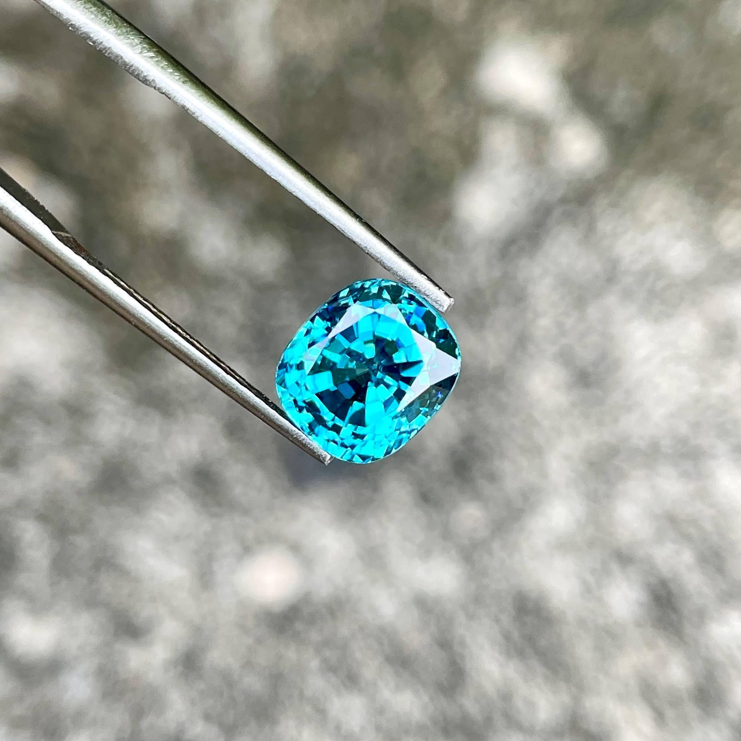 Modern 5.45 carats Blue Zircon Stone Cushion Cut Natural Cambodian Gemstone For Sale