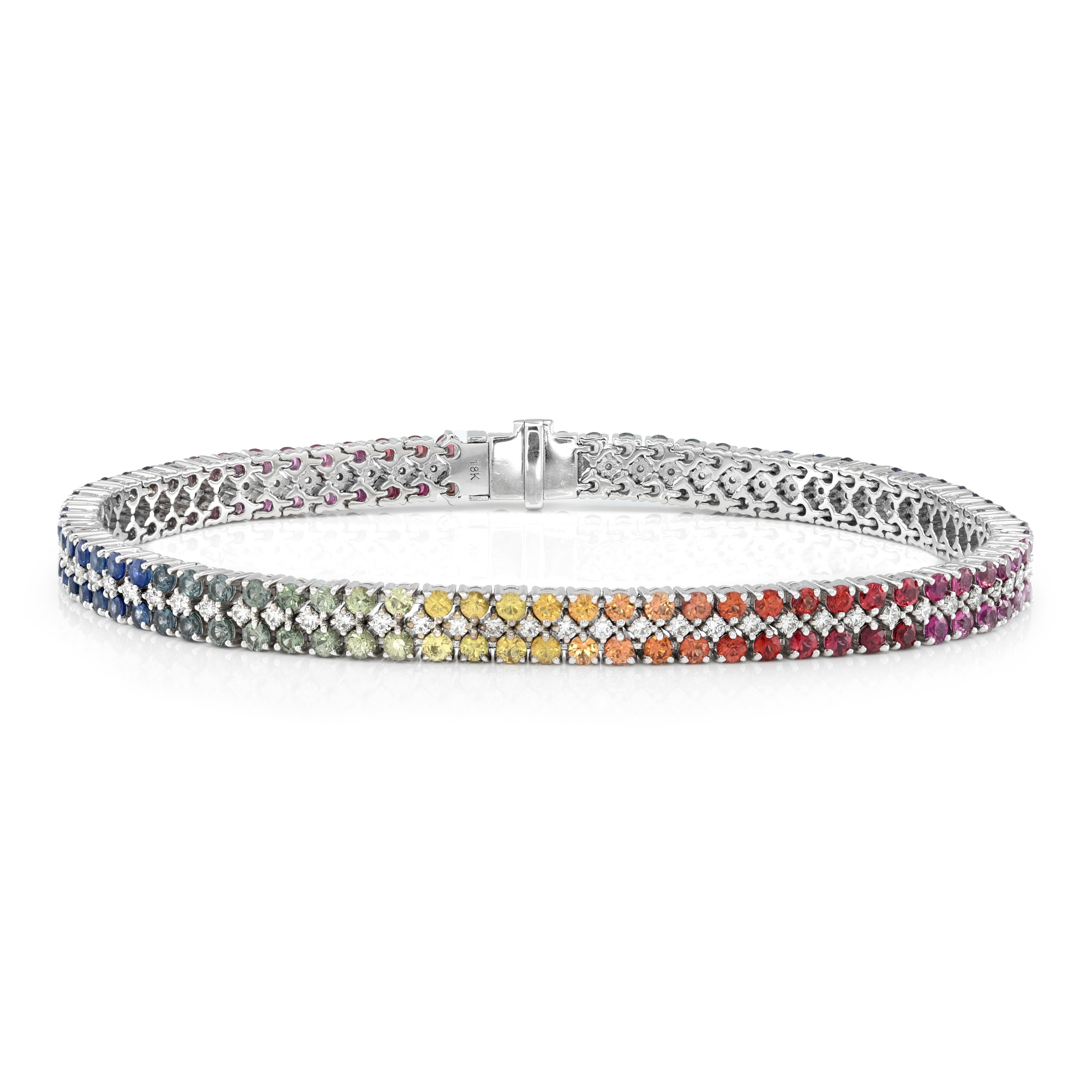 Mixed Cut 5.45 Carats Rainbow Color Sapphires with Diamonds in 18K White Gold Bracelet For Sale