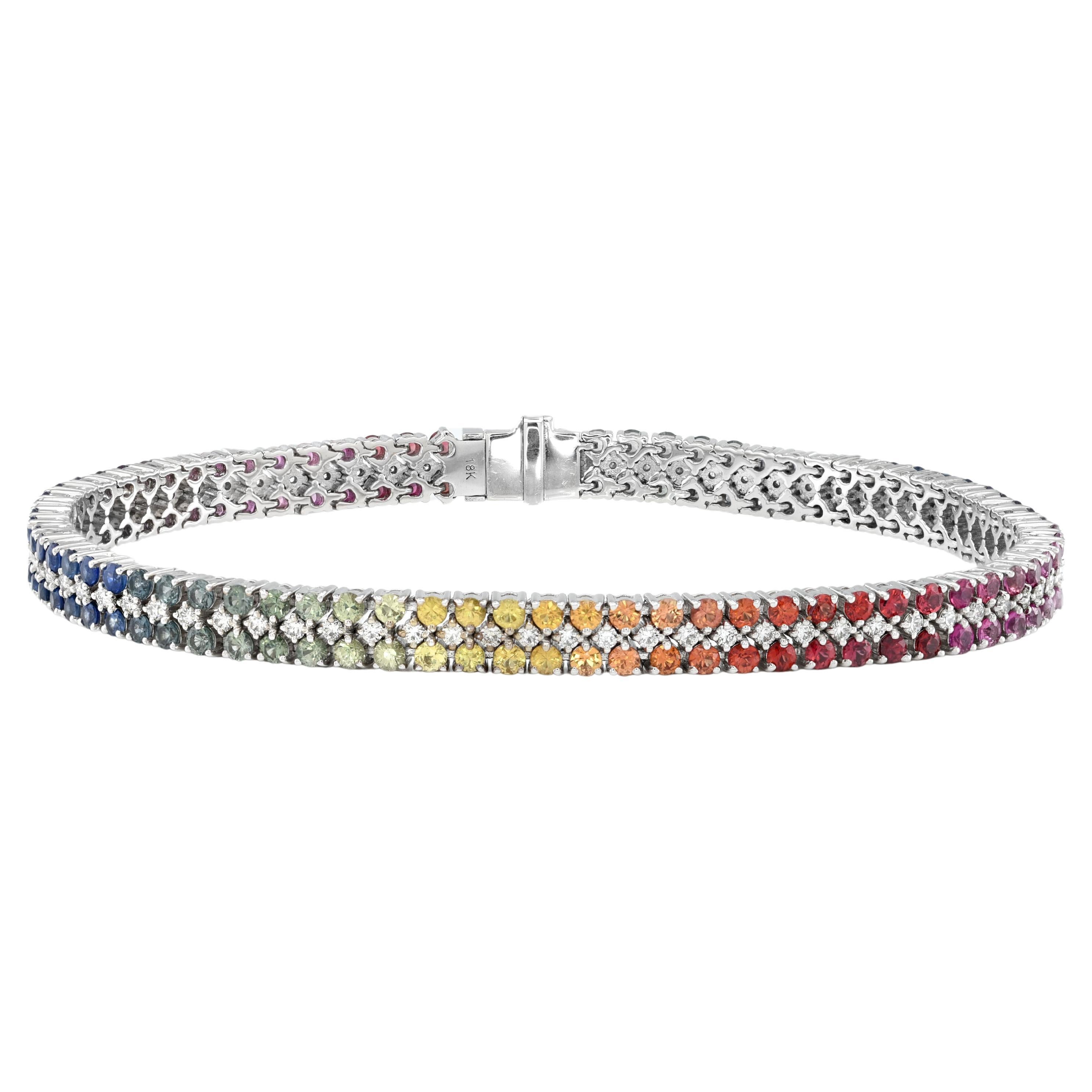 5.45 Carats Rainbow Color Sapphires with Diamonds in 18K White Gold Bracelet