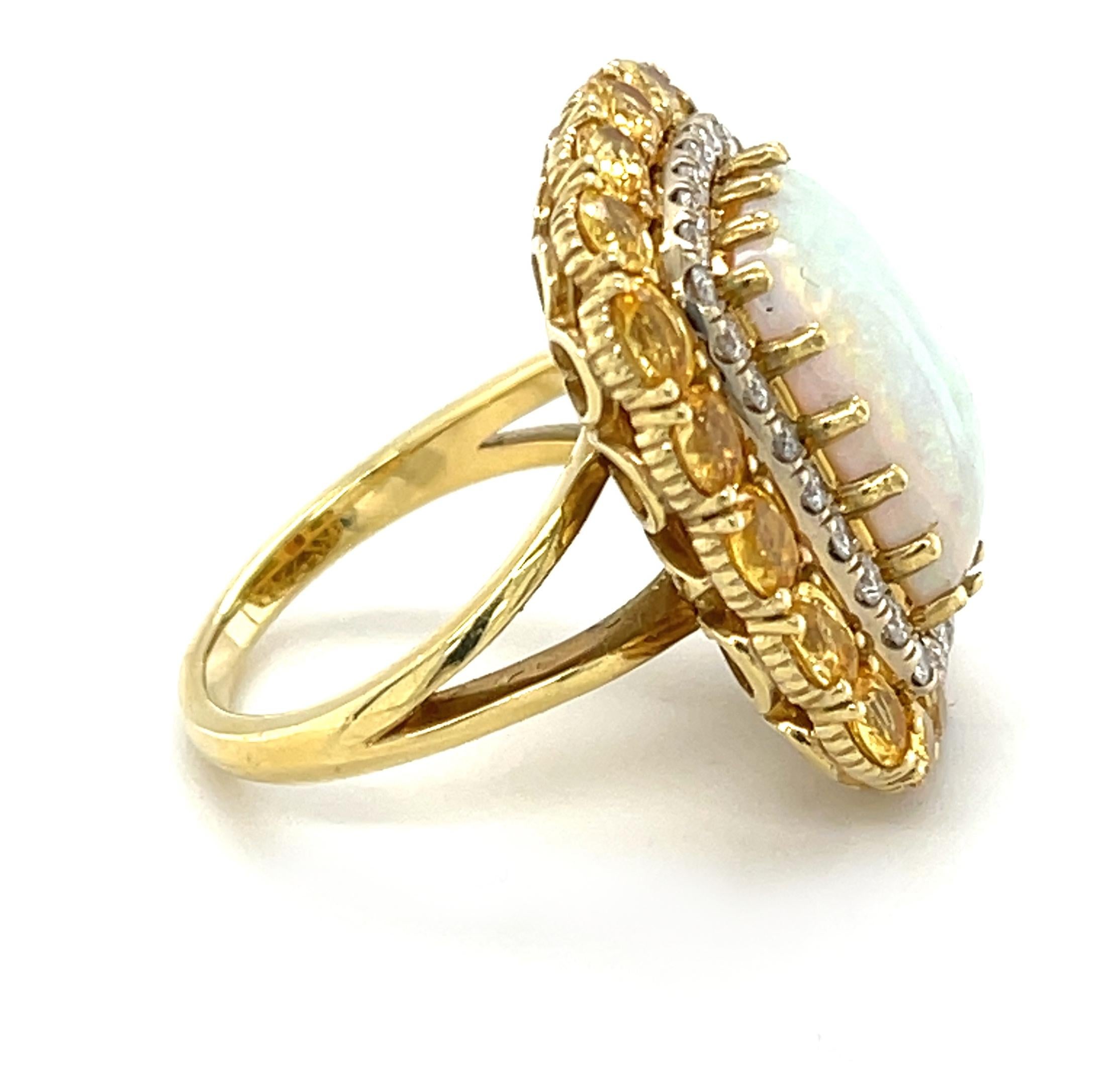 Artisan 5.45 ct. Australian Opal, Yellow Sapphire and Diamond Cocktail Ring in 18k Gold For Sale
