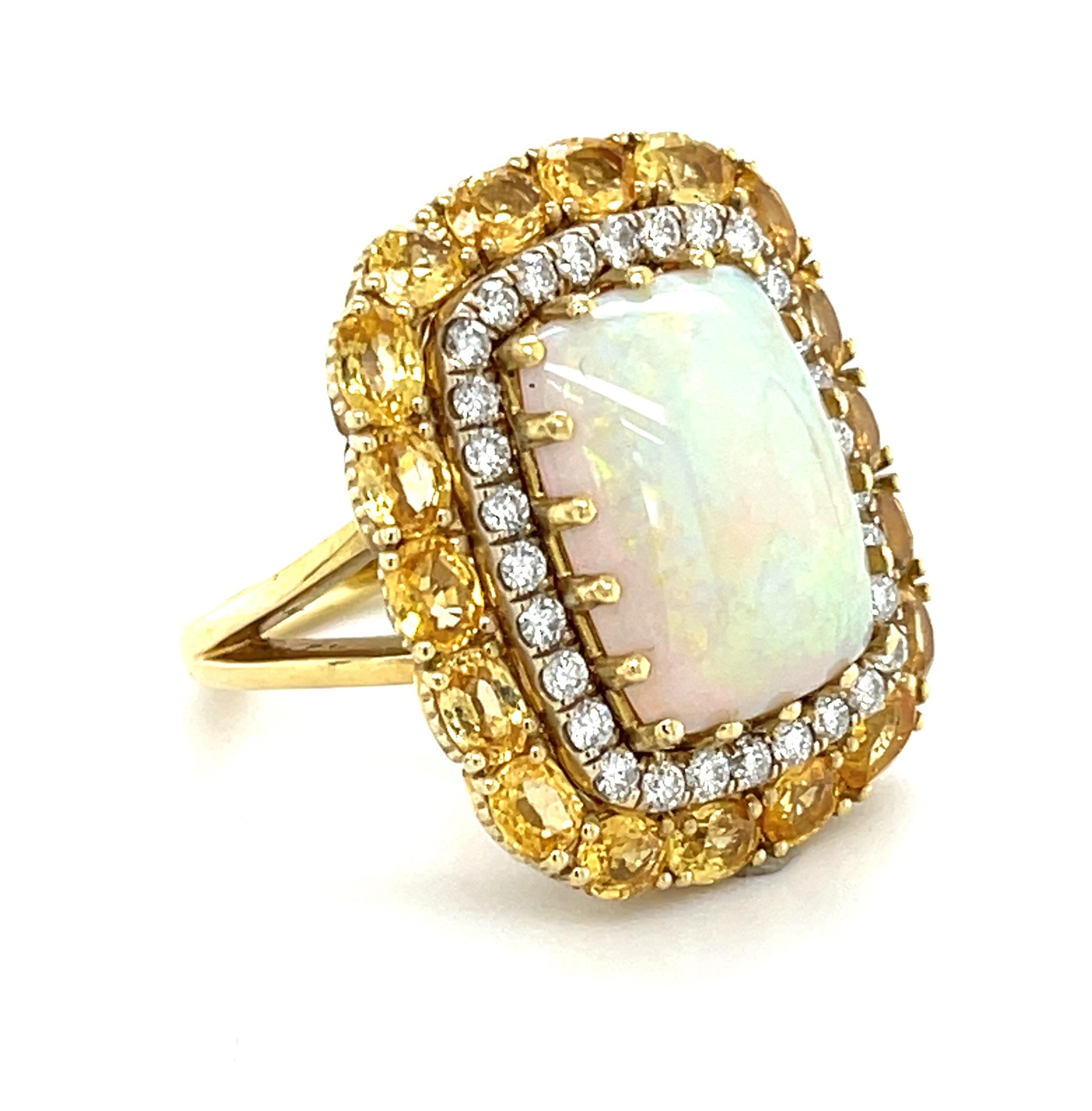 Cushion Cut 5.45 ct. Australian Opal, Yellow Sapphire and Diamond Cocktail Ring in 18k Gold For Sale