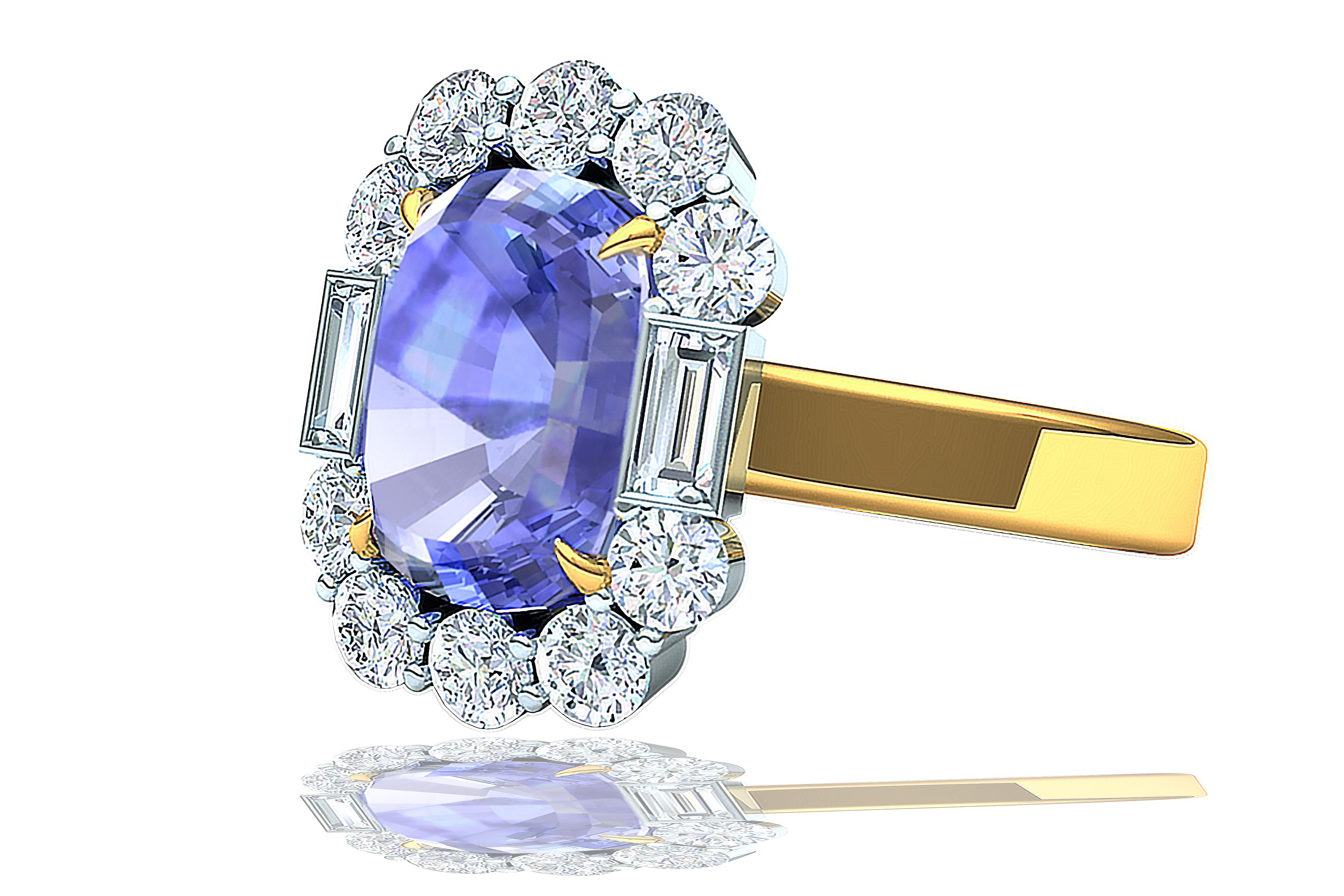 This rare and stunningly beautiful sapphire ring contains the following.  One cushion cut sapphire that has a velvet rich light cornflower blue.  The sapphire is unheated, untreated and originates from Shri Lanka and is known as the highly desirable