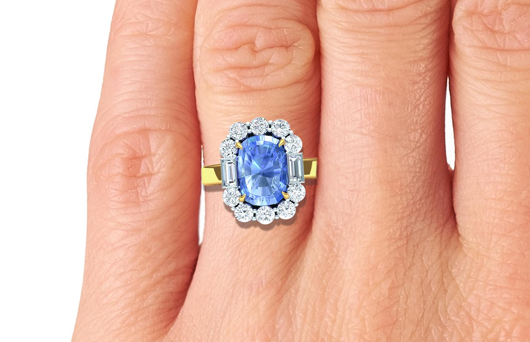 Antique Cushion Cut 5.45 Sapphire Certified Unheated Diamond Platinum and Yellow Gold Ring For Sale