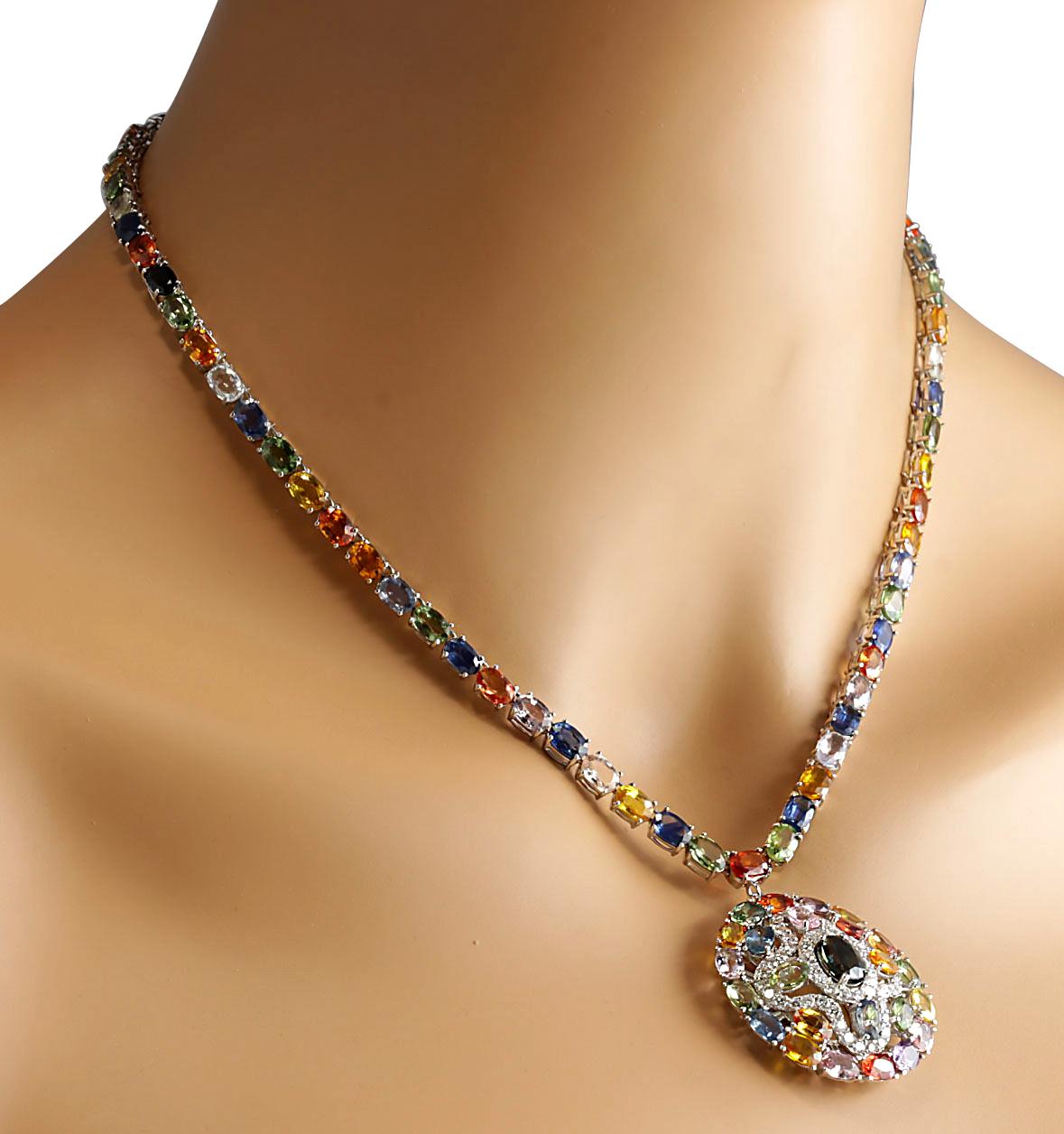  Sapphire Diamond Necklace In 14 Karat White Gold  In New Condition For Sale In Los Angeles, CA