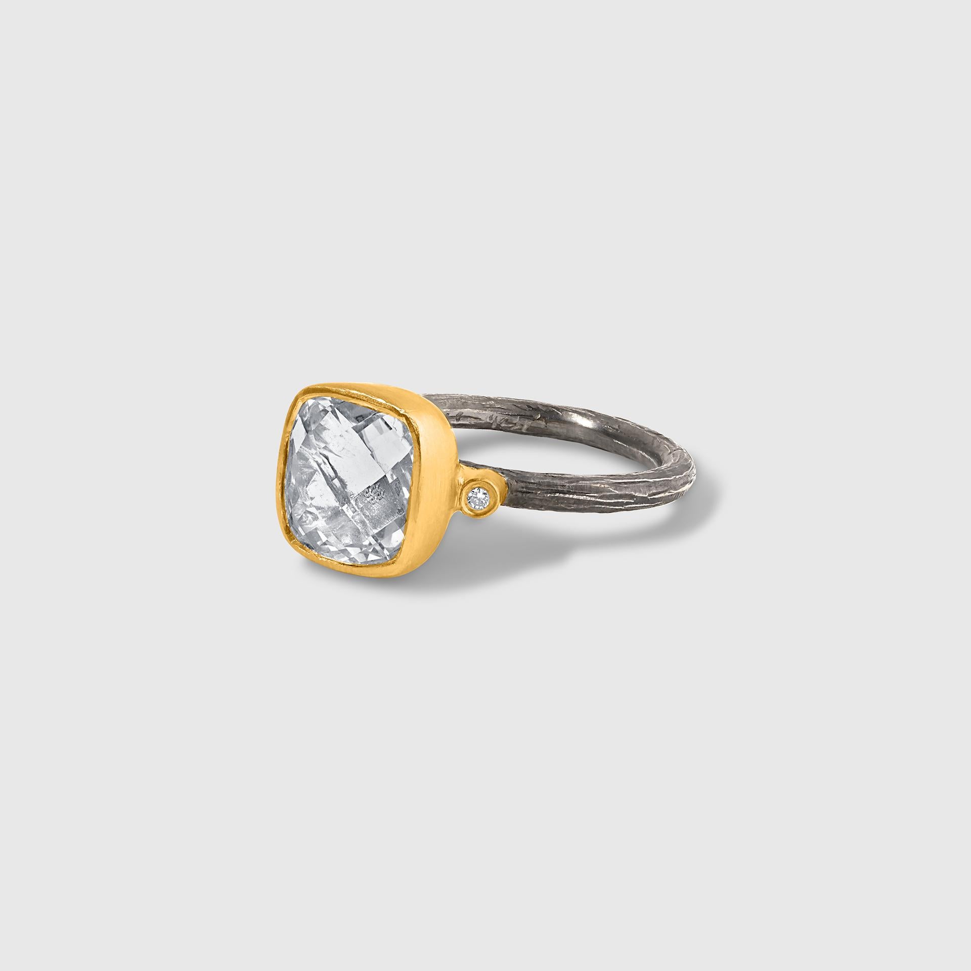 Byzantine 5.45ct Faceted Checkerboard Quartz and Diamond Ring, 24kt Yellow Gold and Silver For Sale