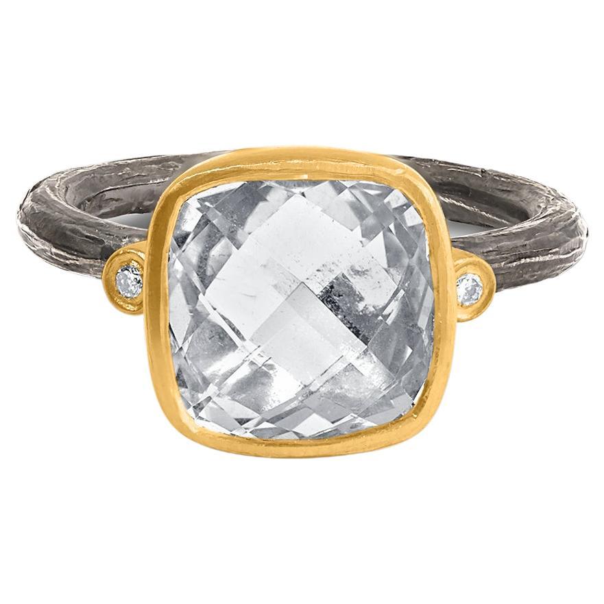 5.45ct Faceted Checkerboard Quartz and Diamond Ring, 24kt Yellow Gold and Silver For Sale