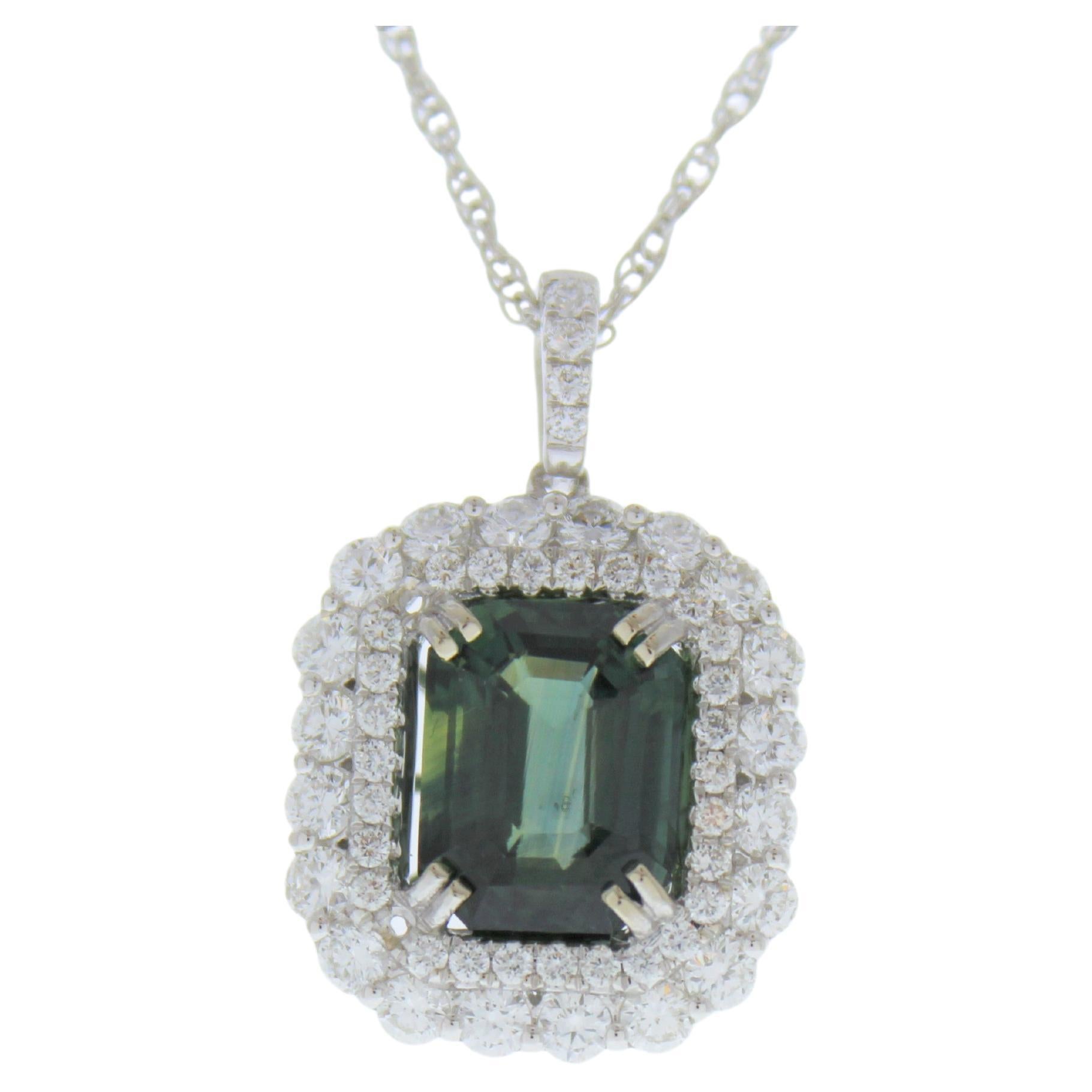 5.45CT Green Sapphire Octogonal Cut Pendant in 14K White Gold For Sale
