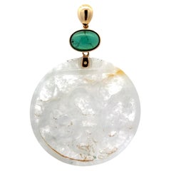 54.5mm Large GIA Carved Dual Side Jade w/ 8ct Tourmaline 18k Yellow Gold Bail
