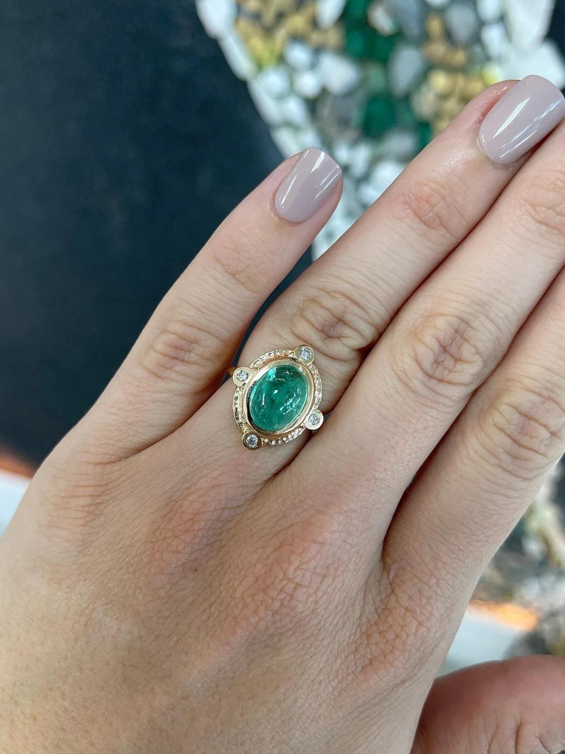 Modern 5.45tcw 14K Natural Emerald Cabochon Oval & Diamond Accent Vintage Inspired Ring For Sale
