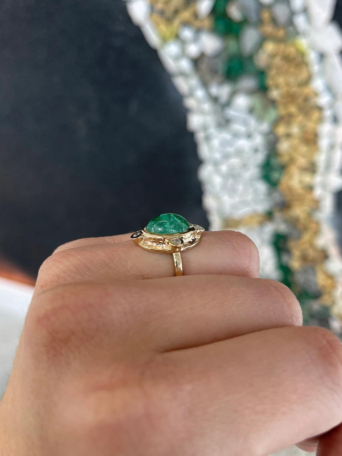 5.45tcw 14K Natural Emerald Cabochon Oval & Diamond Accent Vintage Inspired Ring For Sale 1