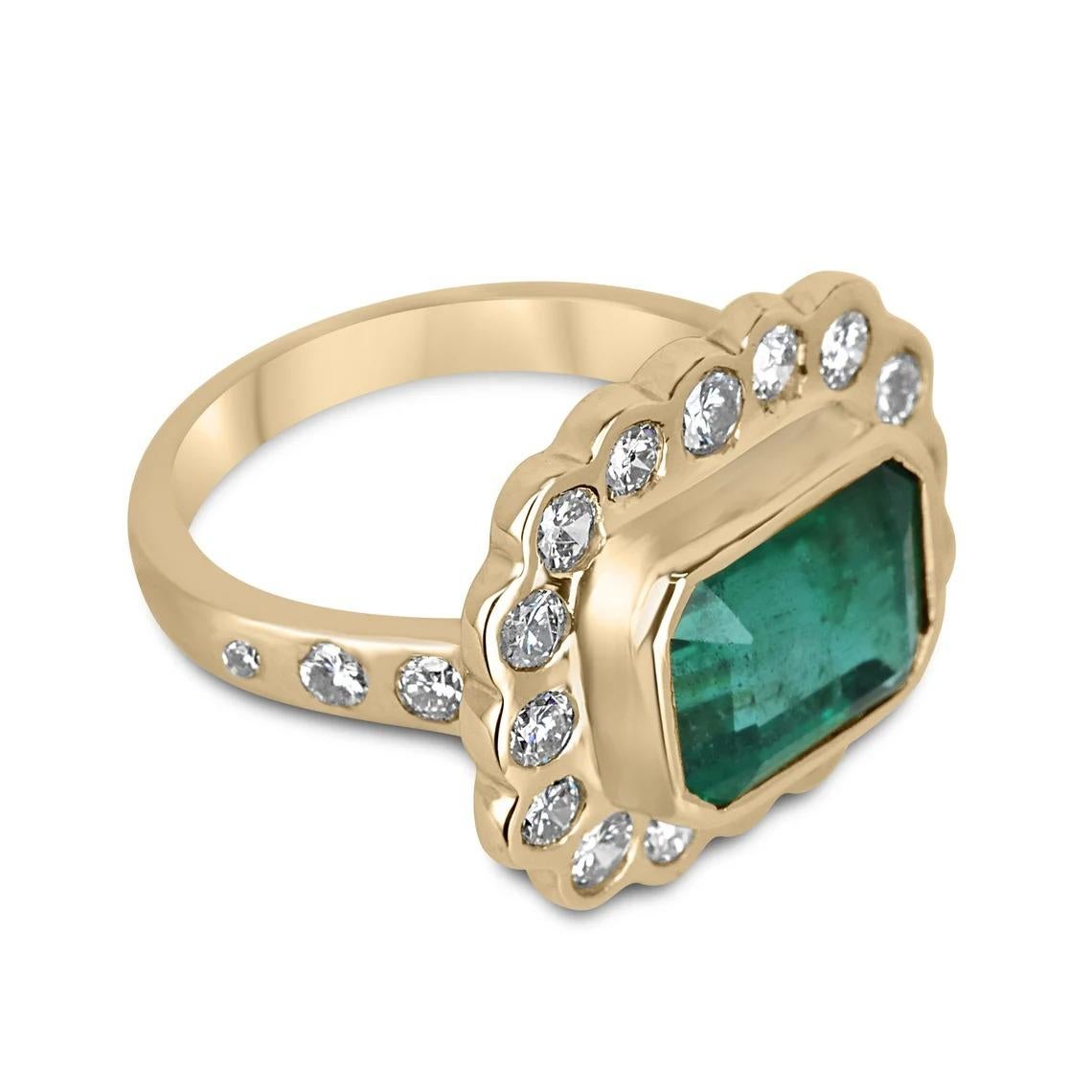 Behold this remarkable emerald cut emerald, sourced from the origin of Zambia, that exudes the finest quality. The emerald's vivacious alpine, rich, green color is full of life and luster, and its AAA quality is evident. Carefully bezel set in solid