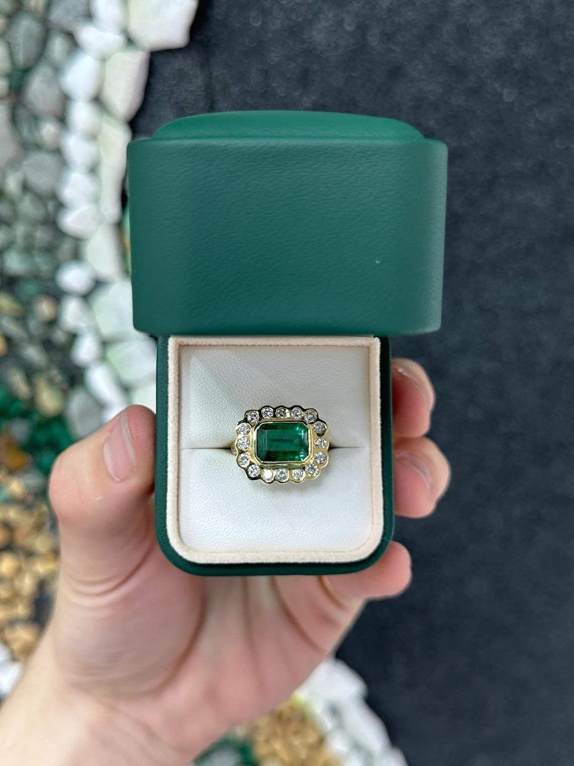 5.45tcw 18K AAA+ Alpine Green Emerald Cut Emerald & Bezel Diamond Halo Floral  In New Condition For Sale In Jupiter, FL
