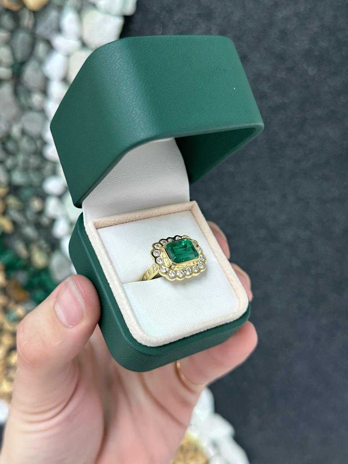 Women's 5.45tcw 18K AAA+ Alpine Green Emerald Cut Emerald & Bezel Diamond Halo Floral  For Sale
