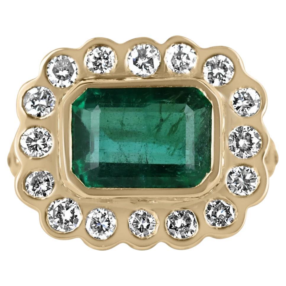 5.45tcw 18K AAA+ Alpine Green Emerald Cut Emerald & Bezel Diamond Halo Floral  For Sale