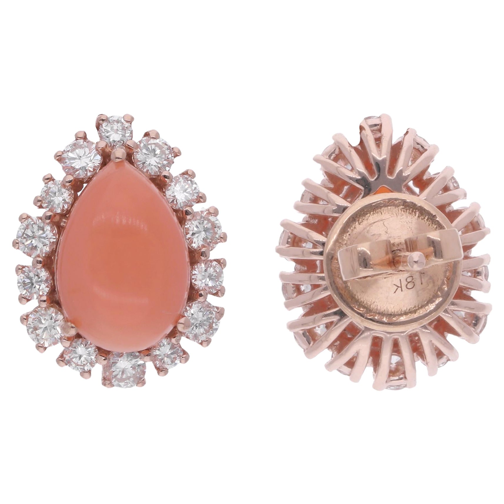 5.45TCW Coral Gemstone with Diamond Halo Stud Earrings 14K Rose Gold Jewelry