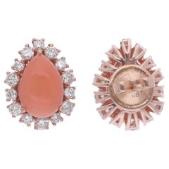 5.45TCW Coral Gemstone with Diamond Halo Stud Earrings 14K Rose Gold Jewelry