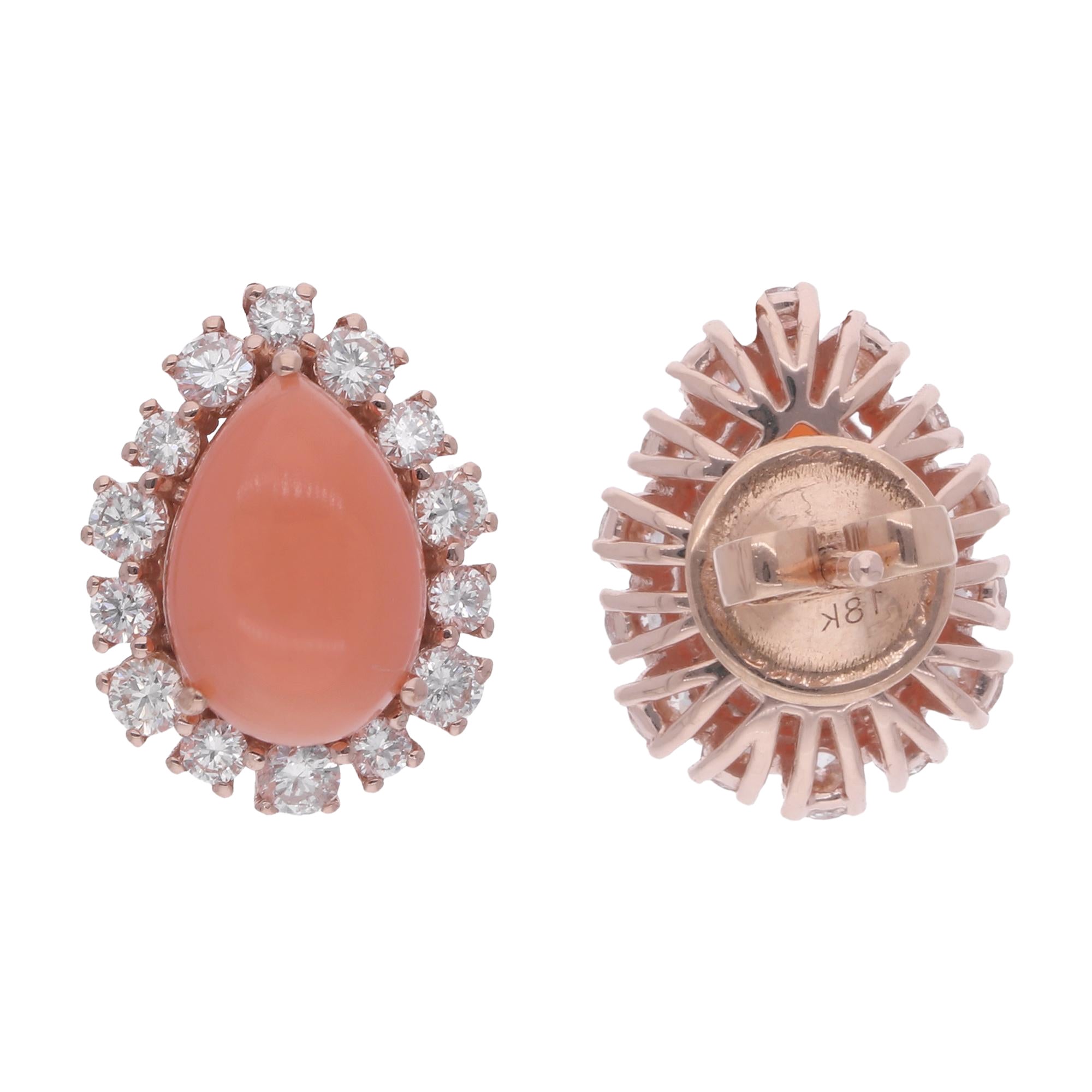 5.45TCW Coral Gemstone with Diamond Halo Stud Earrings 18K Rose Gold Jewelry