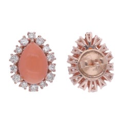 5.45TCW Coral Gemstone with Diamond Halo Stud Earrings 18K Rose Gold Jewelry