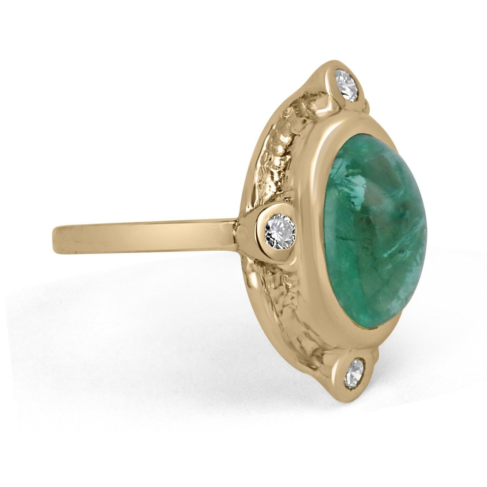 A vintage-styled, cabochon emerald and diamond accent ring. This treasure features a remarkable cabochon cut oval-shaped emerald with a ravishing medium bluish-green color, followed along with very good clarity and luster. But we haven't even got to