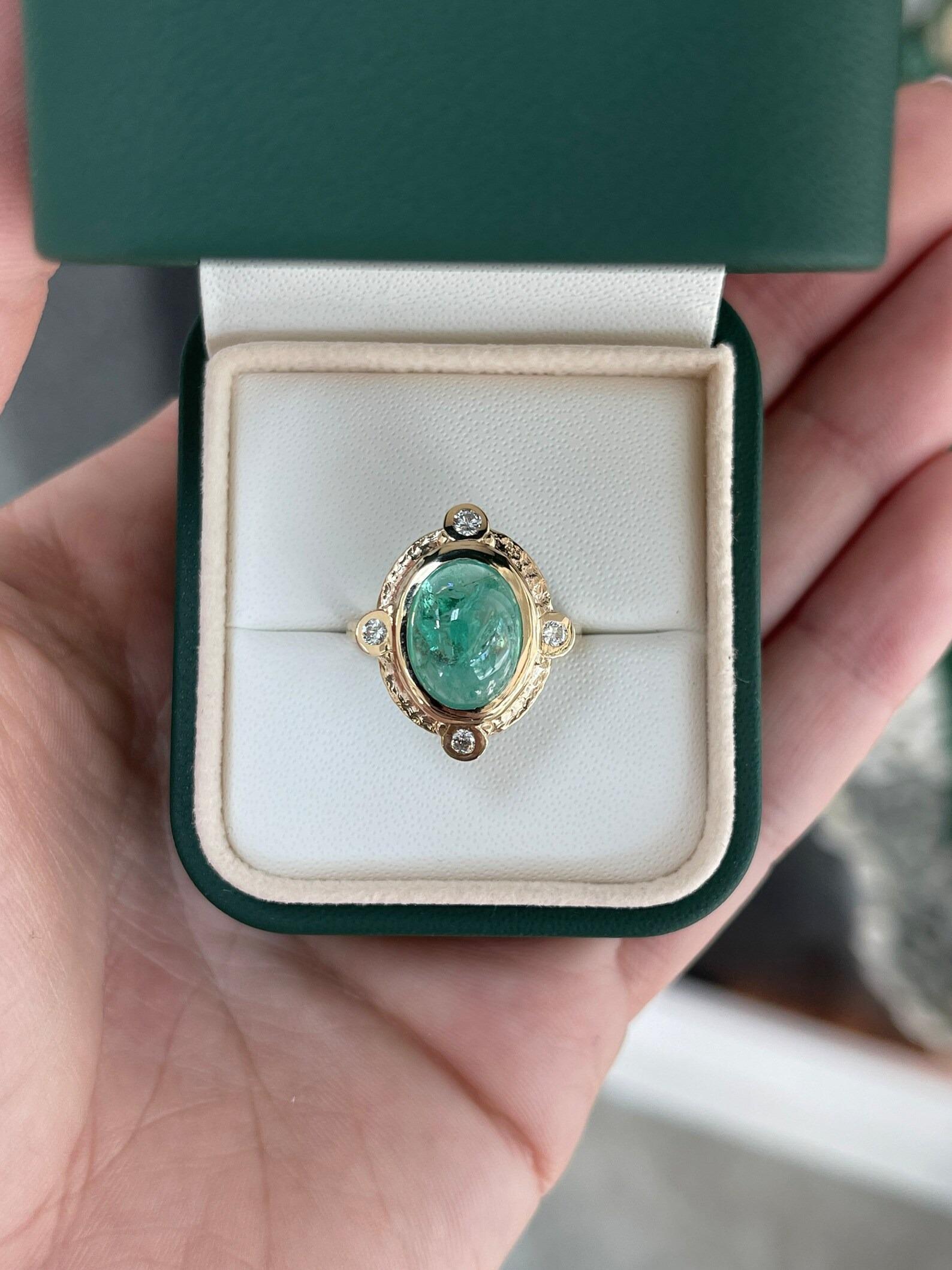 Women's 5.45tcw Rare Oval Cabochon Cut Emerald & Diamond Accent Vintage Styled Ring 14K For Sale