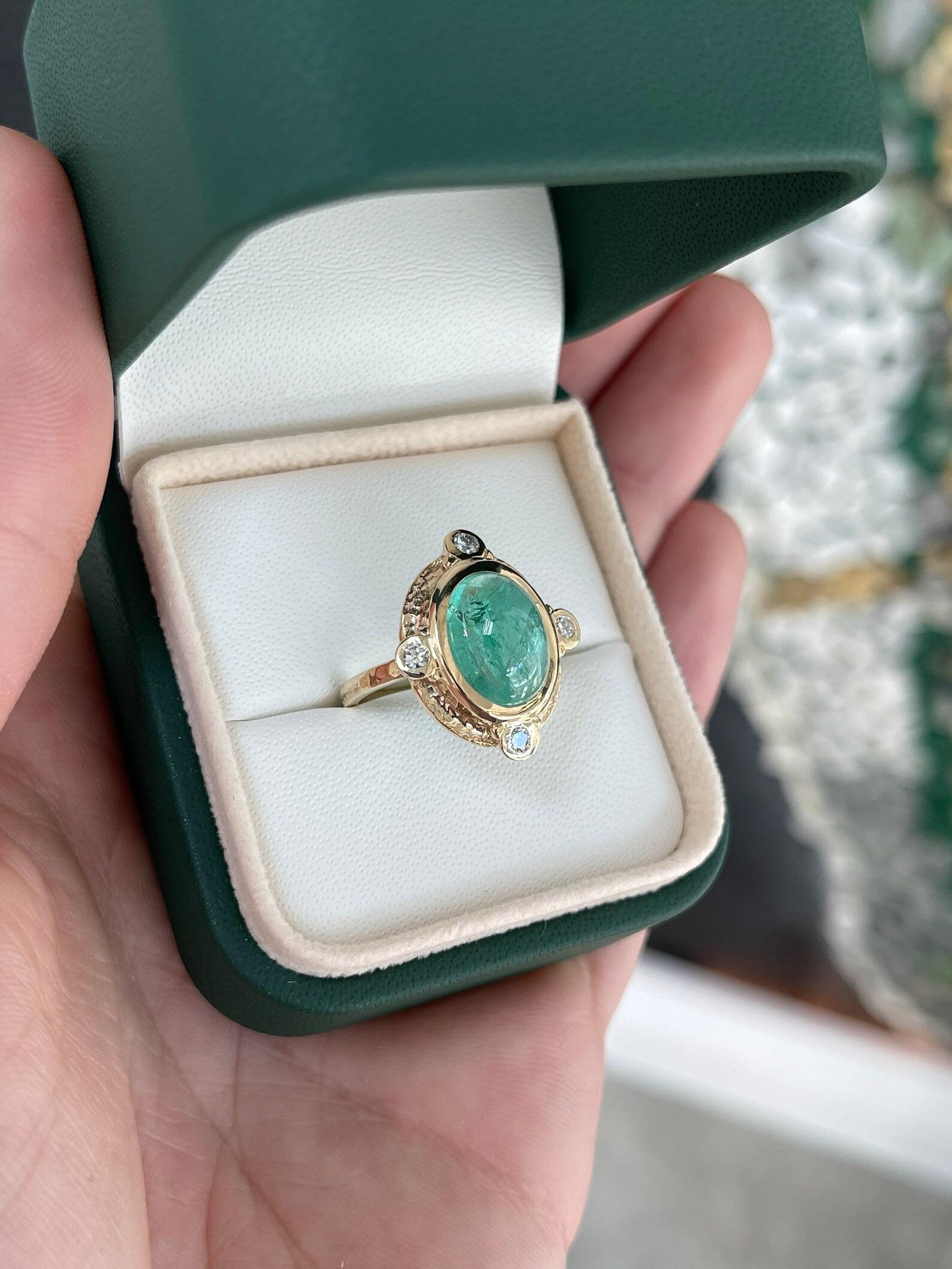 5.45tcw Rare Oval Cabochon Cut Emerald & Diamond Accent Vintage Styled Ring 14K For Sale 1