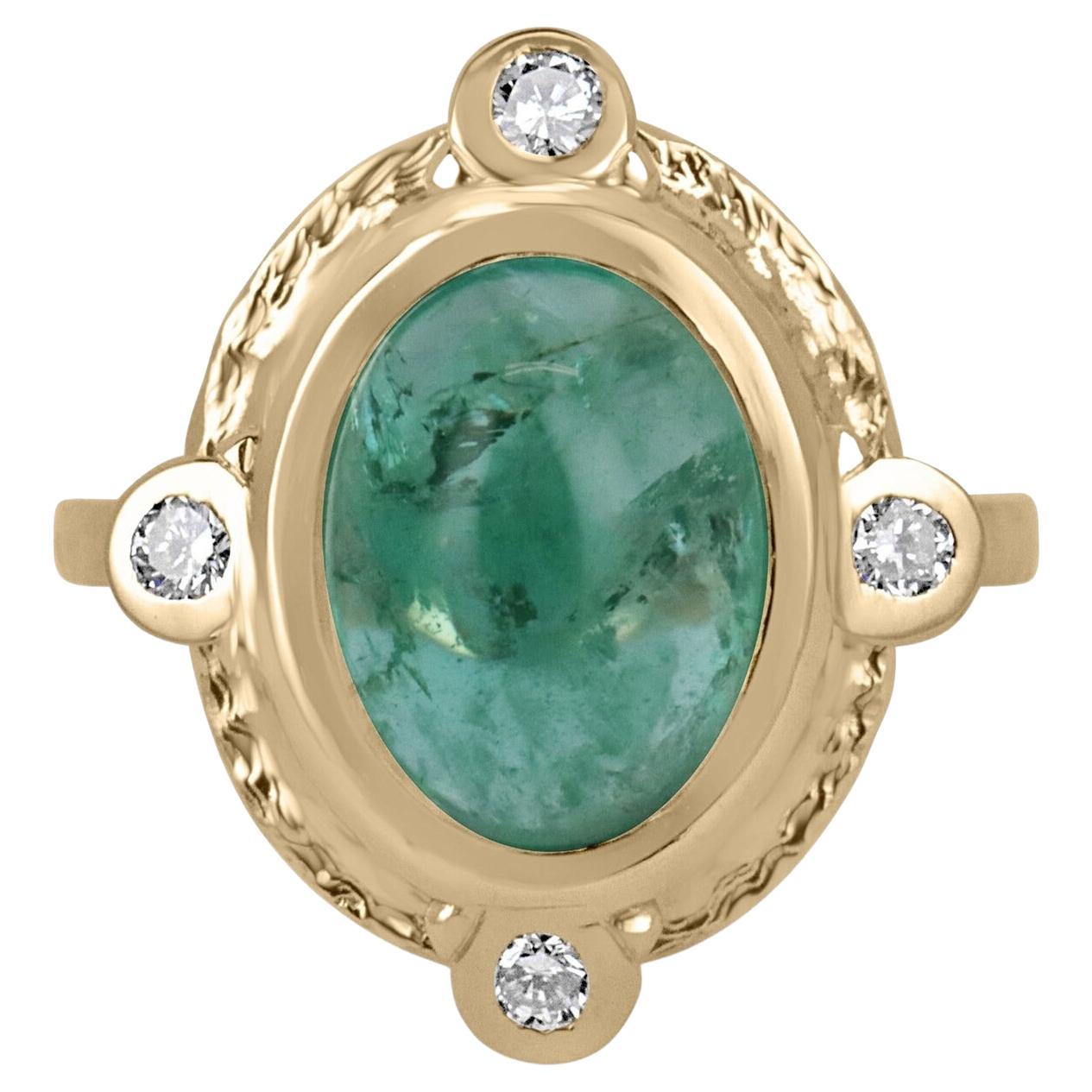 5.45tcw Rare Oval Cabochon Cut Emerald & Diamond Accent Vintage Styled Ring 14K For Sale