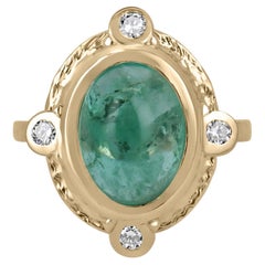 Seltener ovaler Ring im Cabochon-Schliff mit Smaragd und Diamant-Akzent im Vintage-Stil, 5,45tcw, 14K