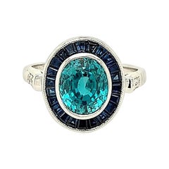 5.46 Blue Zircon in Sapphire Art Deco Style Ring