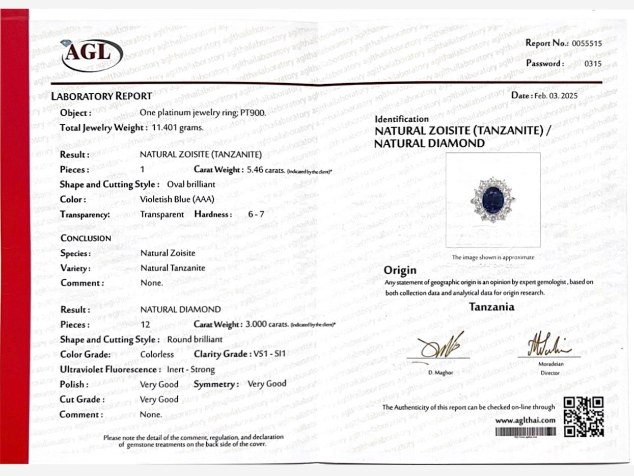 5.46 Carat AAA Tanzanite & Diamond Platinum Ring For Sale 4