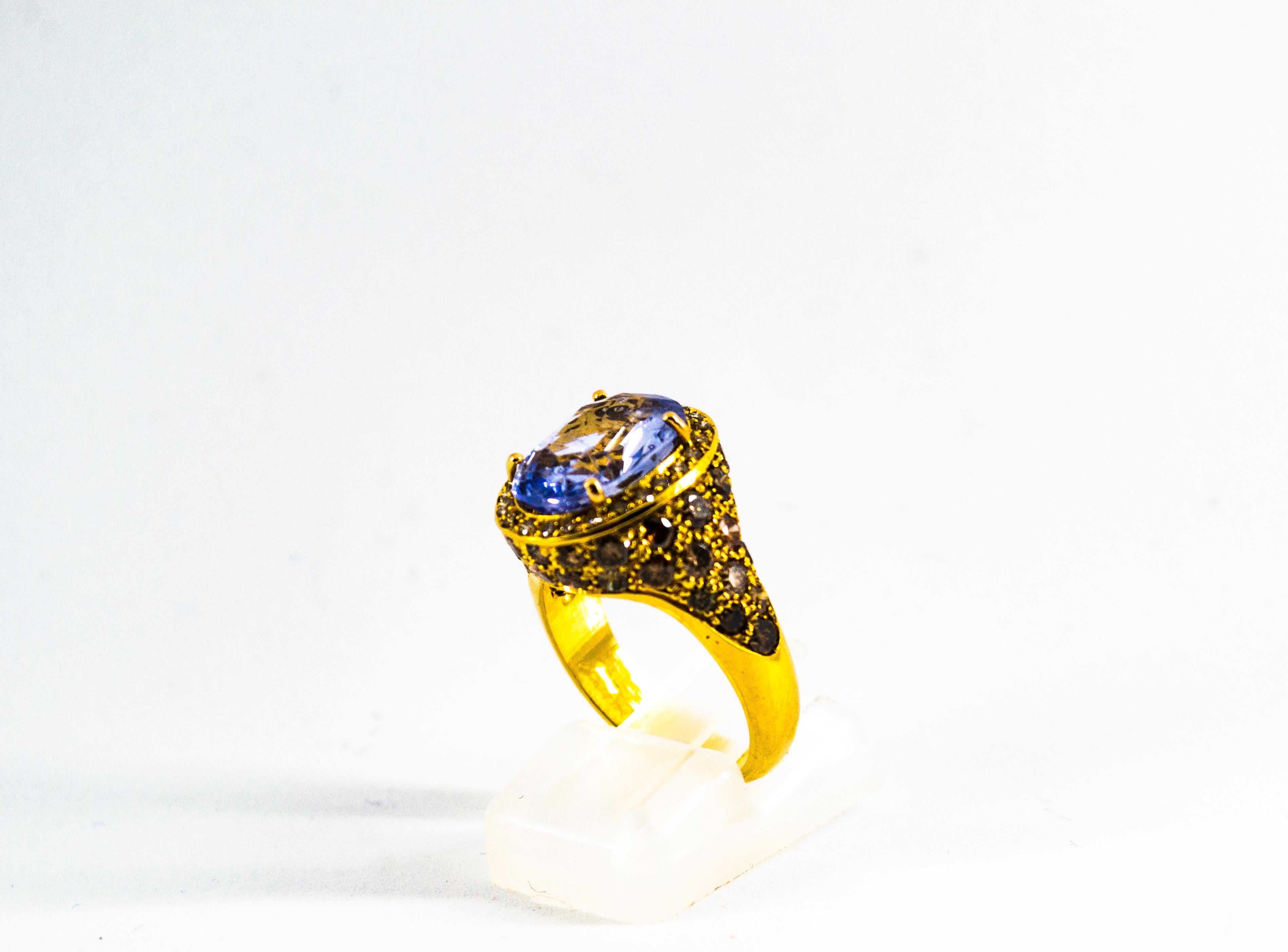 Art Deco 5.46 Carat Blue Sapphire 2.80 Carat Brown Diamond Yellow Gold Cocktail Ring For Sale