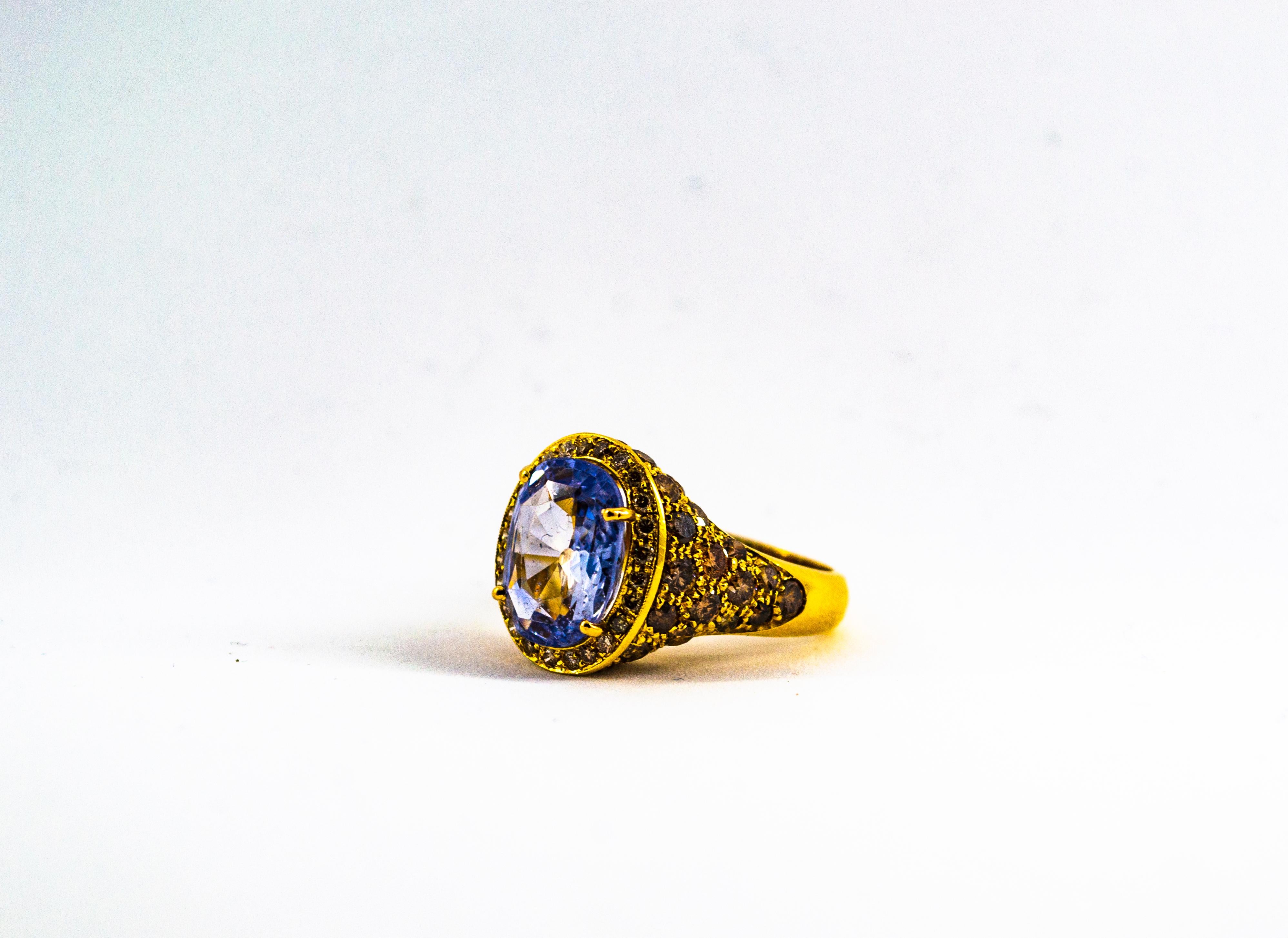 5.46 Carat Blue Sapphire 2.80 Carat Brown Diamond Yellow Gold Cocktail Ring For Sale 1