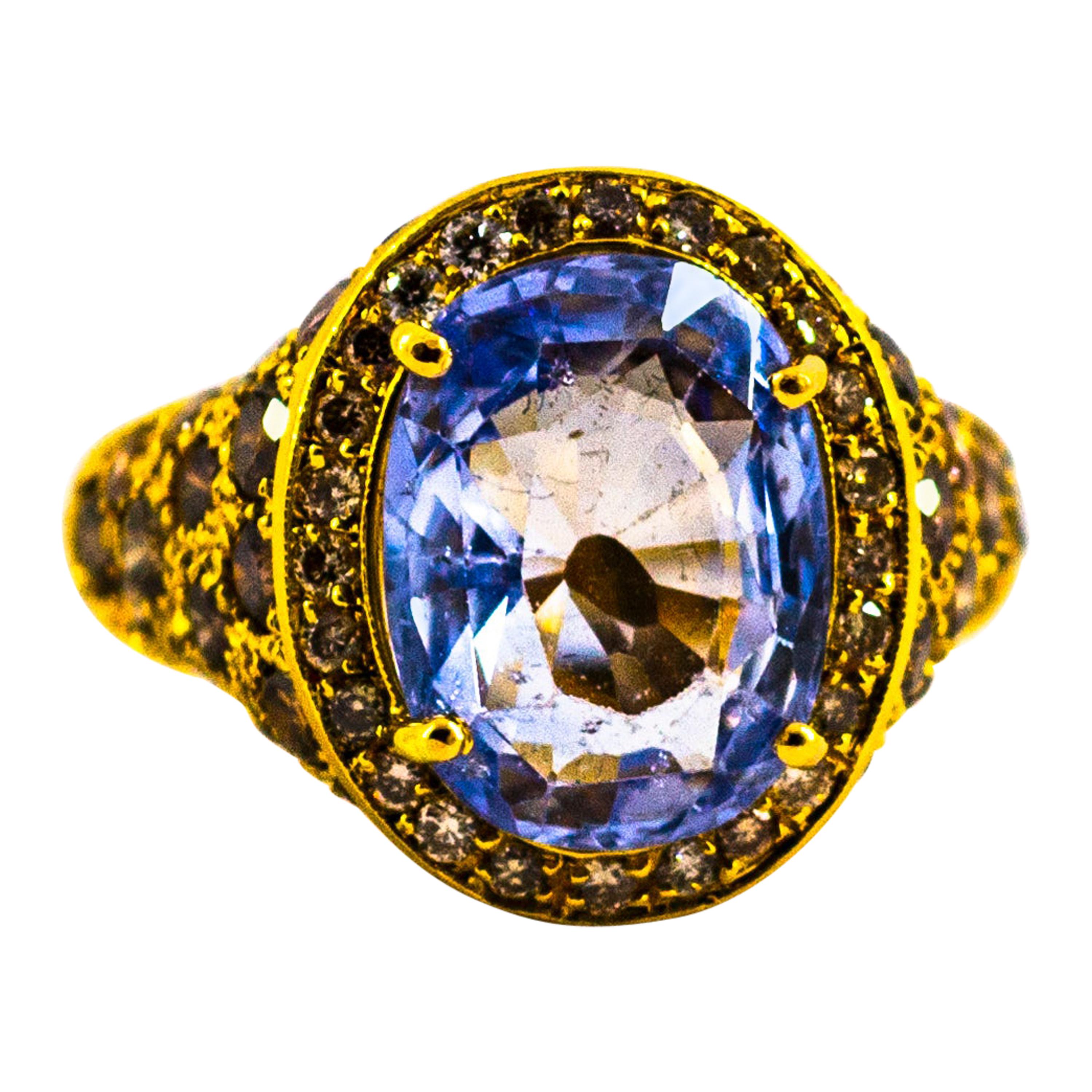 5.46 Carat Blue Sapphire 2.80 Carat Brown Diamond Yellow Gold Cocktail Ring For Sale