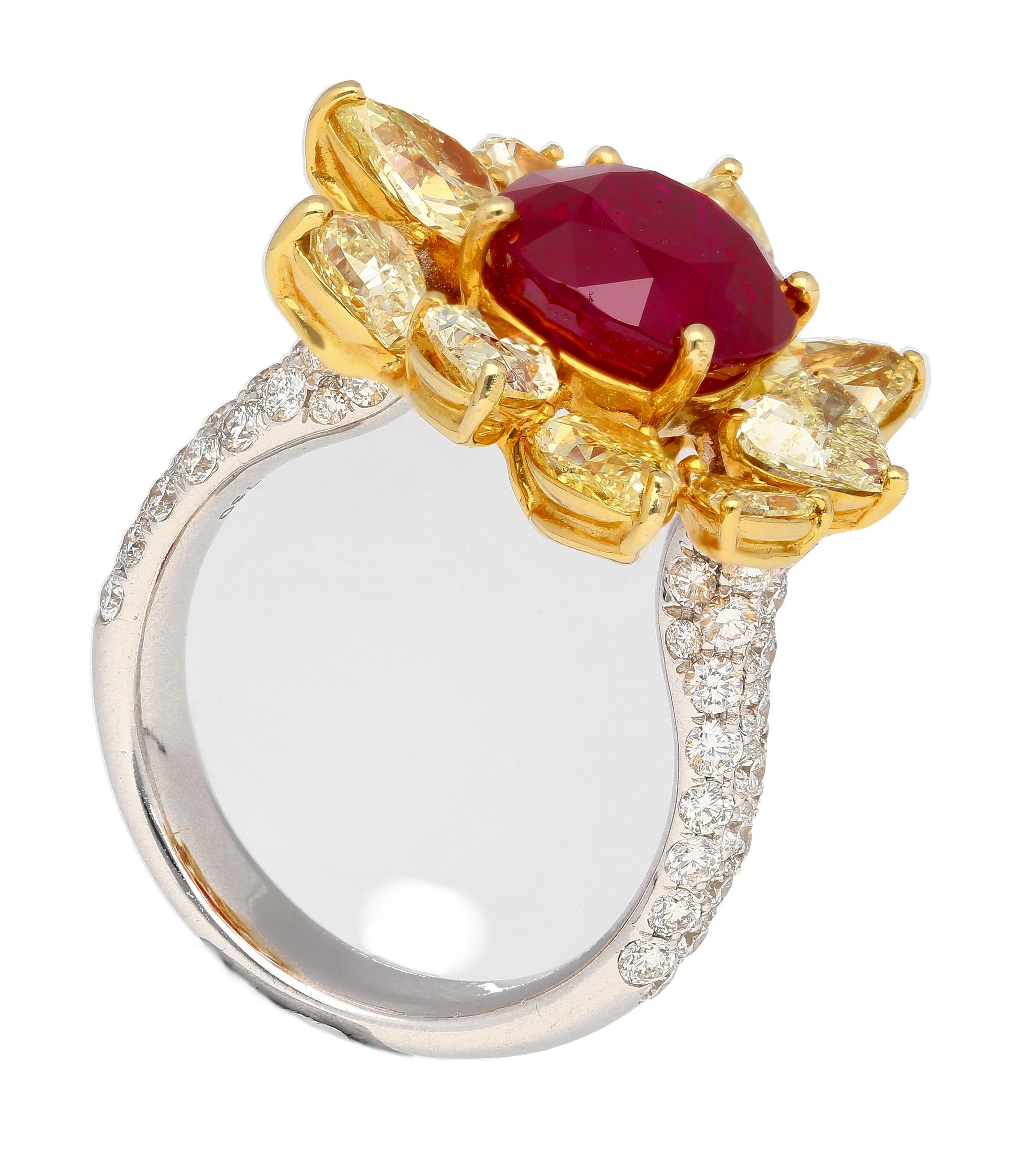5.46 Carat Burma Ruby No Heat AGL Certified and Fancy Yellow Diamond Ring For Sale 4