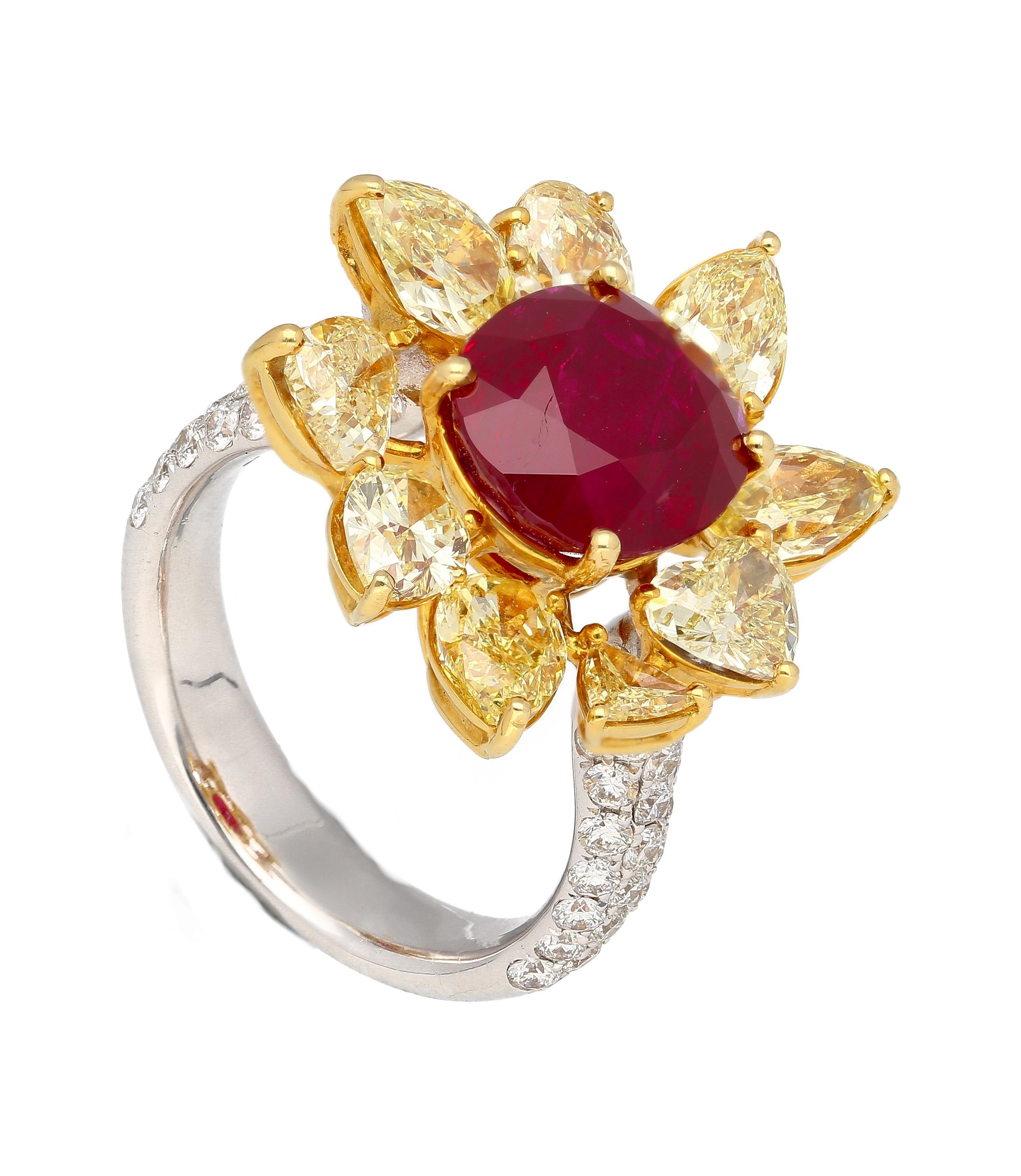 5.46 Carat Burma Ruby No Heat AGL Certified and Fancy Yellow Diamond Ring For Sale 5