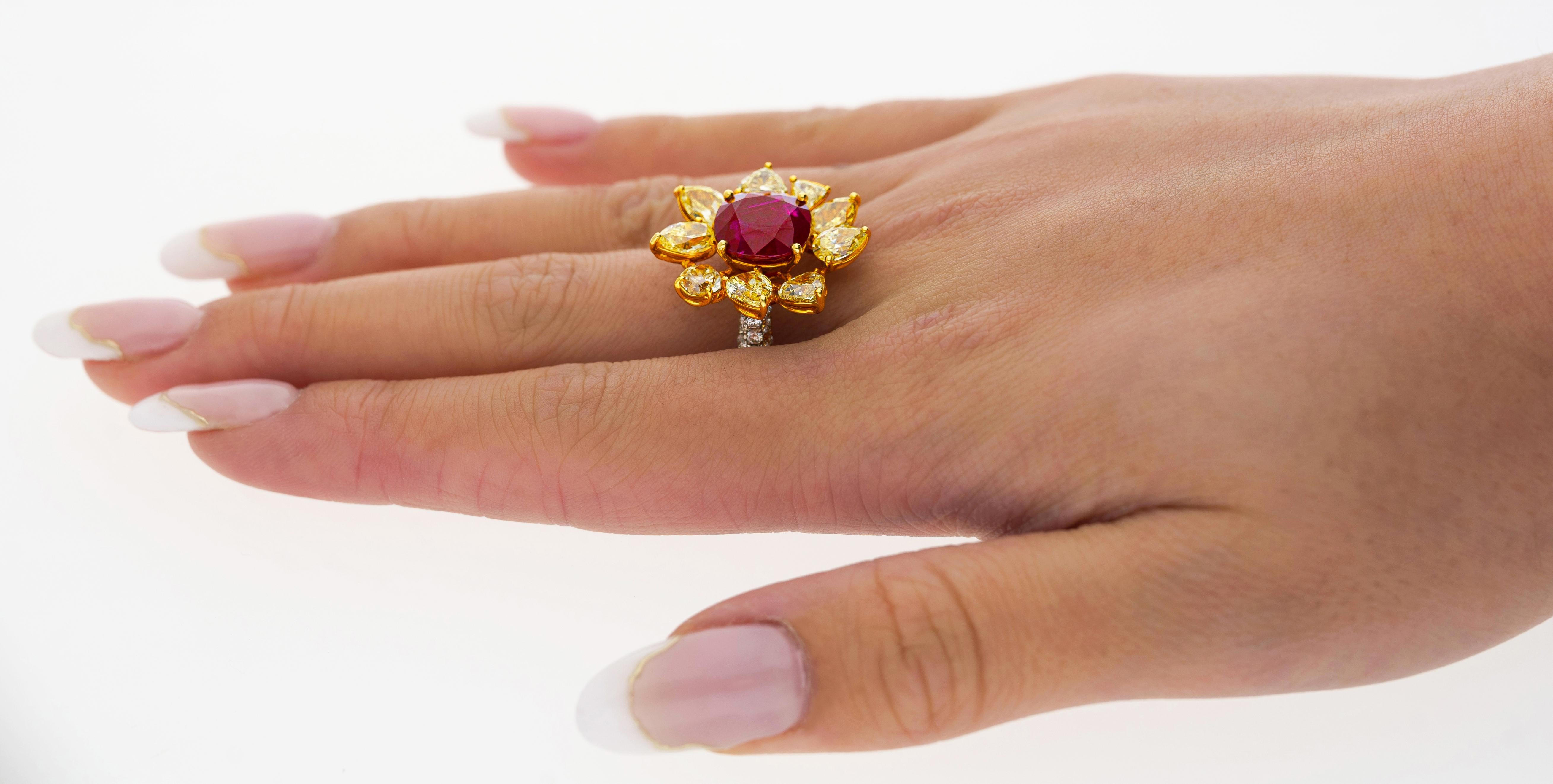 5.46 Carat Burma Ruby No Heat AGL Certified and Fancy Yellow Diamond Ring 4