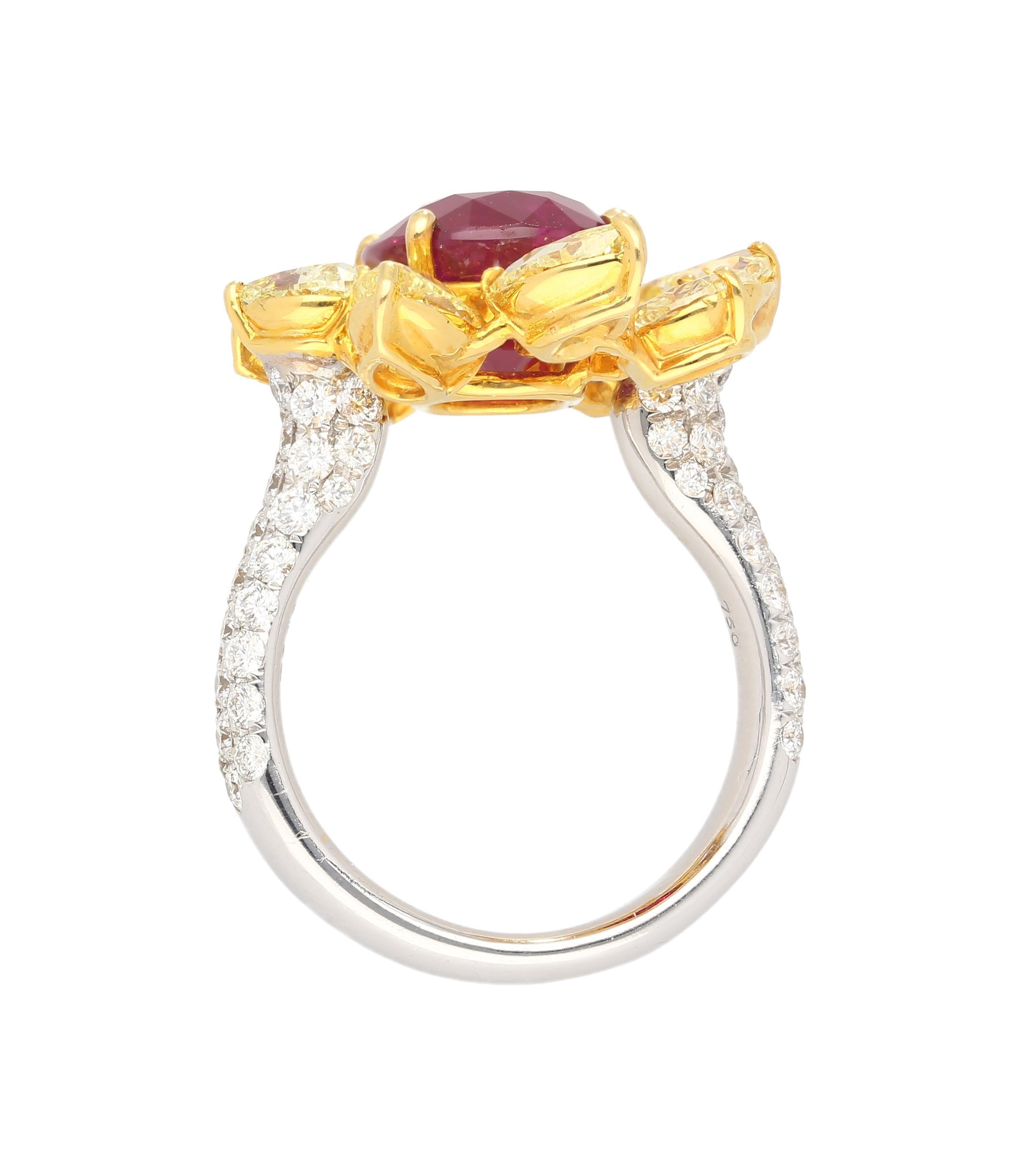 5.46 Carat Burma Ruby No Heat AGL Certified and Fancy Yellow Diamond Ring For Sale 6
