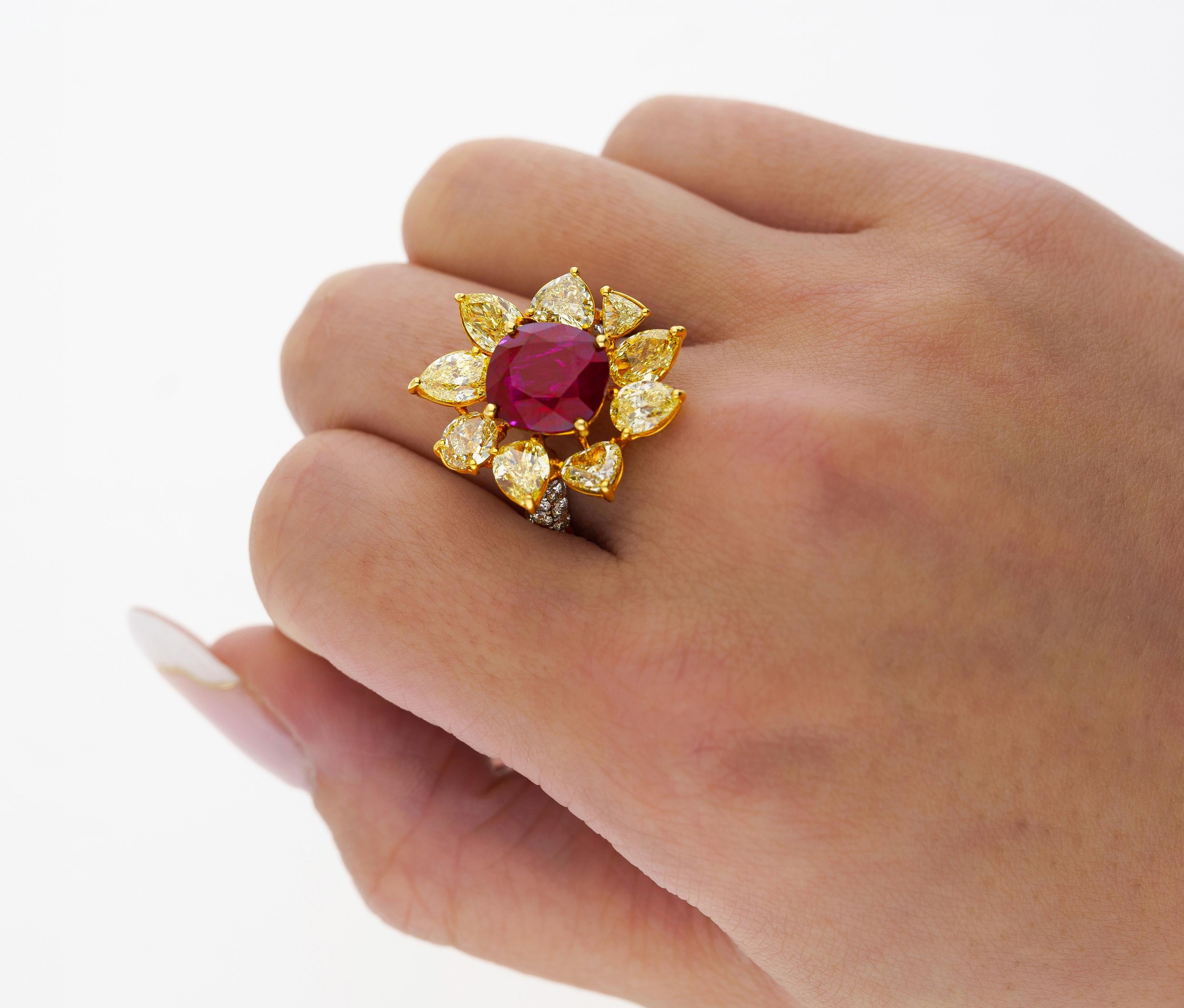 5.46 Carat Burma Ruby No Heat AGL Certified and Fancy Yellow Diamond Ring 6
