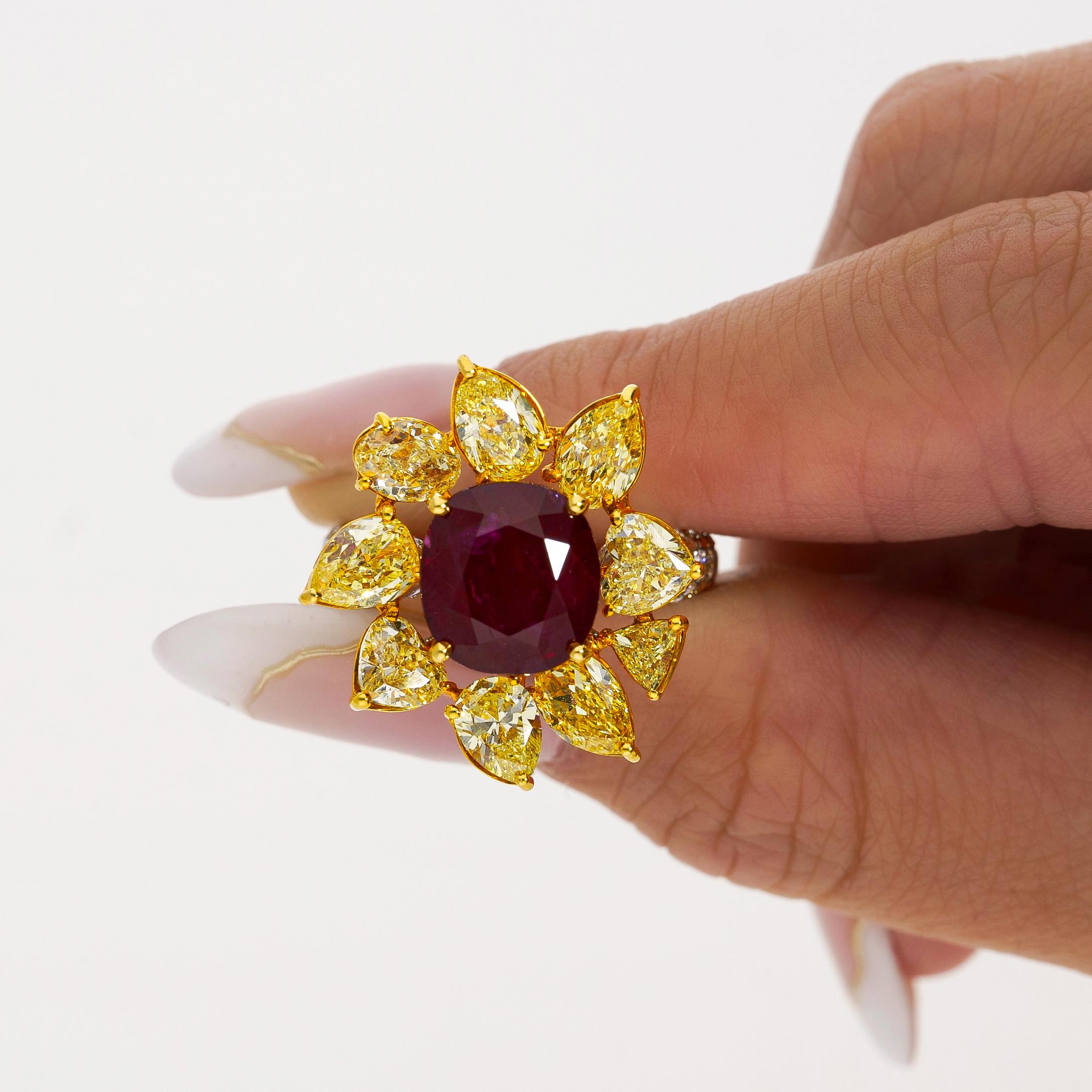 5.46 Carat Burma Ruby No Heat AGL Certified and Fancy Yellow Diamond Ring For Sale 9