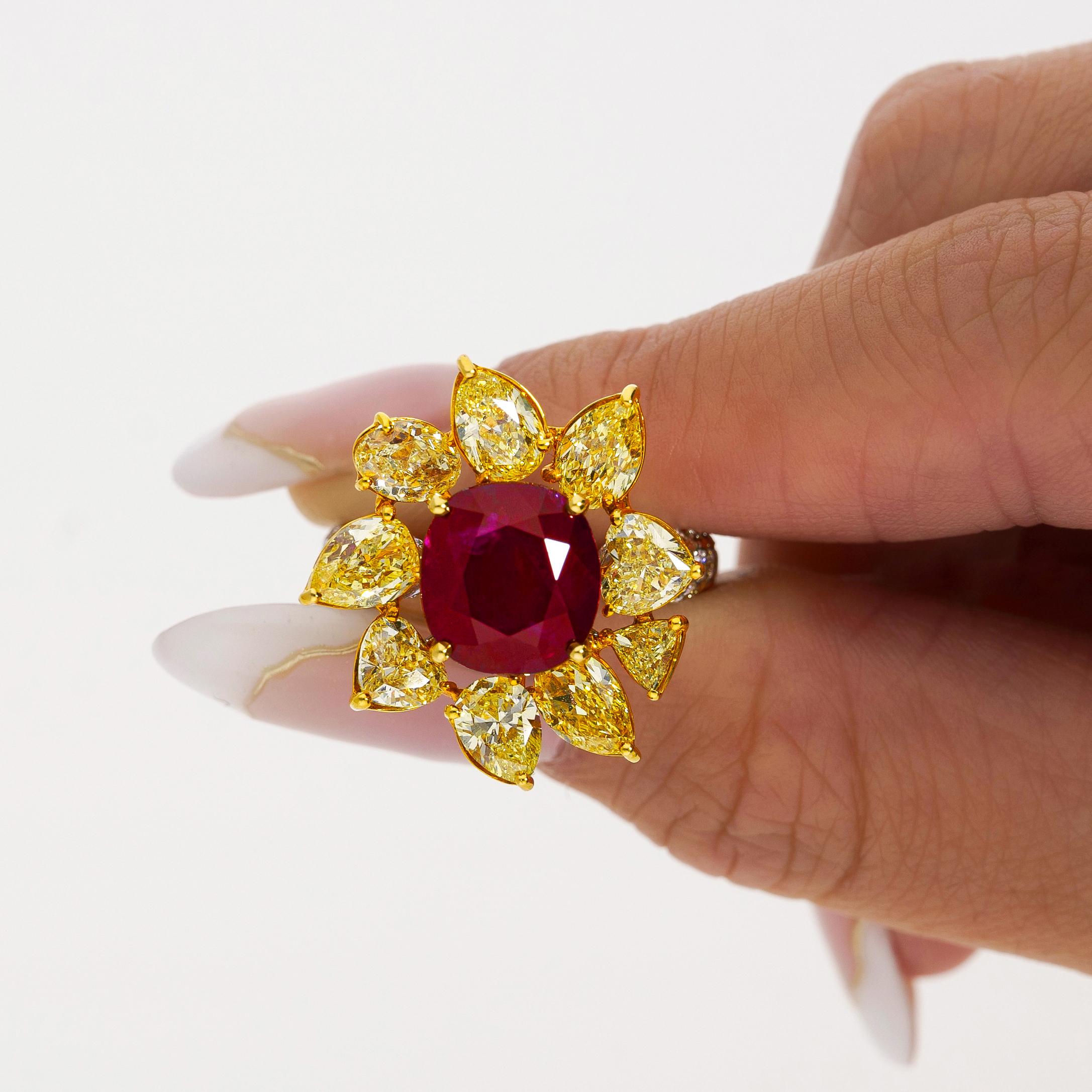 5.46 Carat Burma Ruby No Heat AGL Certified and Fancy Yellow Diamond Ring 7