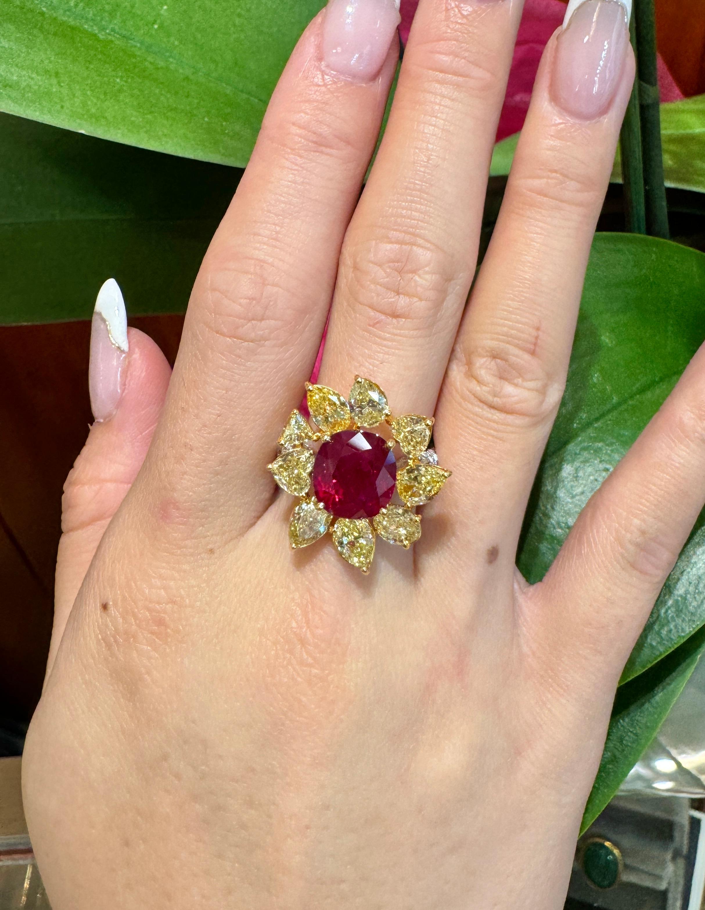 5.46 Carat Burma Ruby No Heat AGL Certified and Fancy Yellow Diamond Ring 8