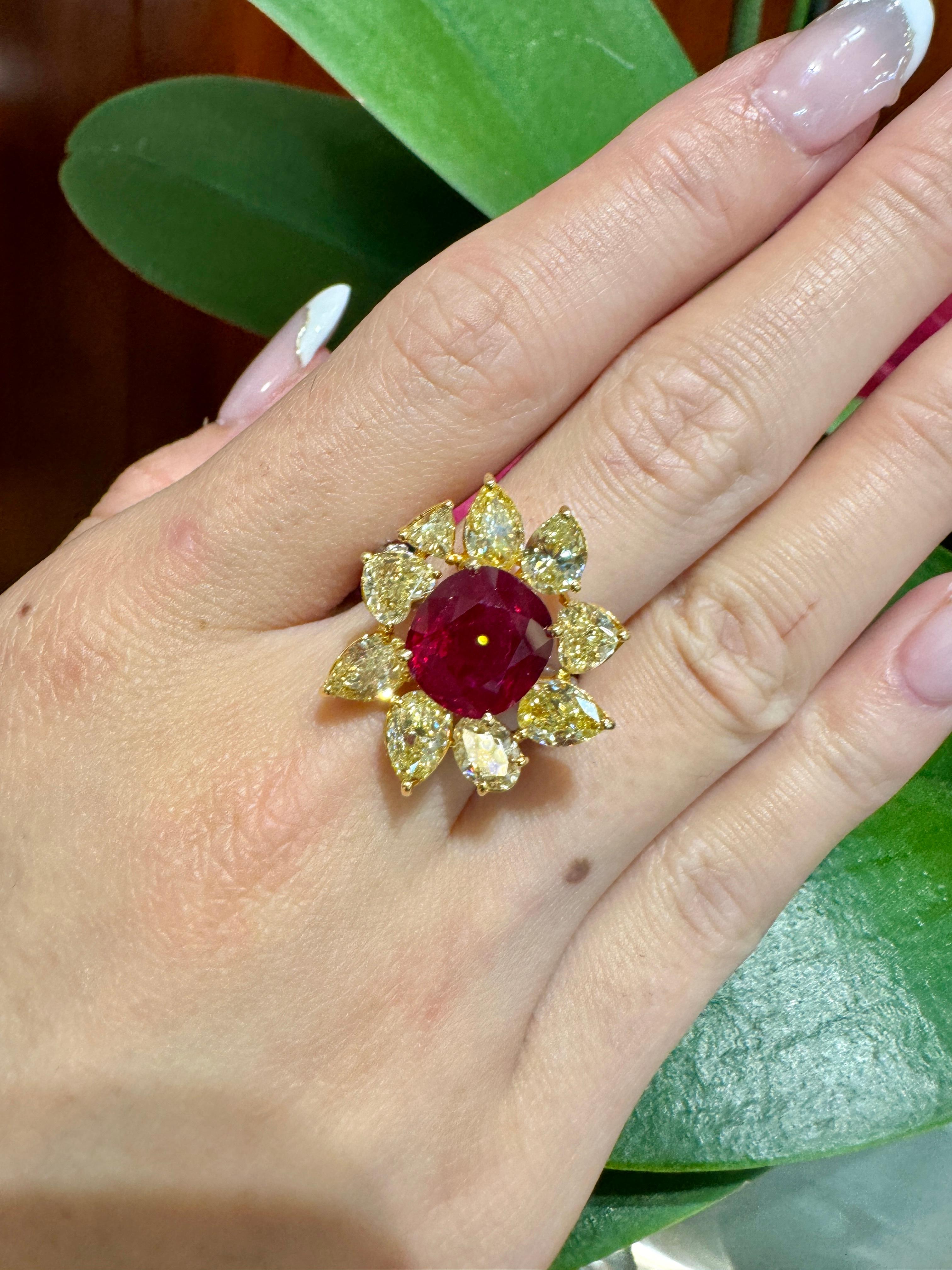 5.46 Carat Burma Ruby No Heat AGL Certified and Fancy Yellow Diamond Ring 9