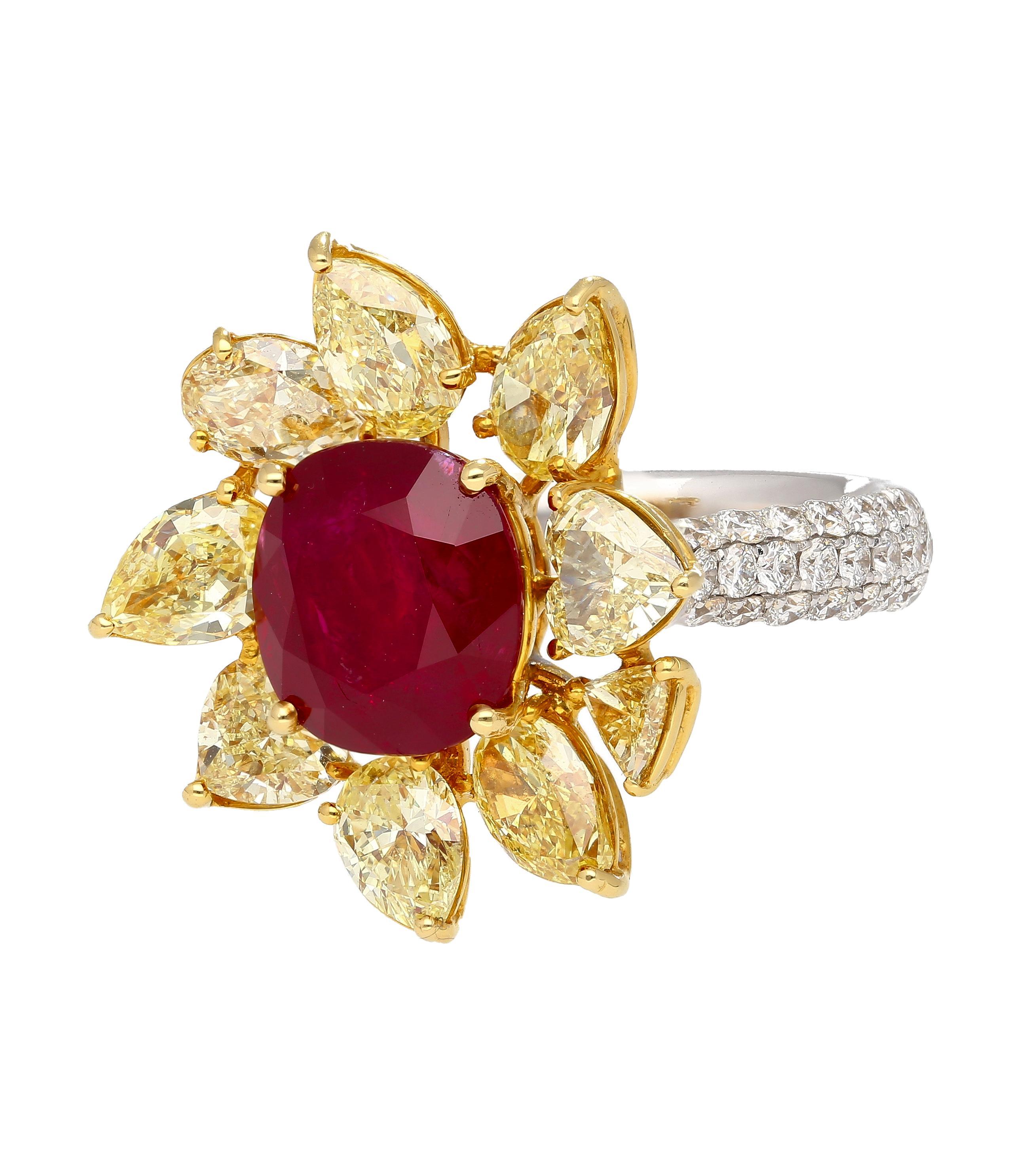 Jewelry Details:
Item Type: Ruby Ring
Metal Type: 18K White and Yellow Gold
Weight: 12.25 grams
Size: 6
Center Stone Details:
Gemstone Type: Burma Ruby
Carat: 5.46 Carats
Color: Red
Origin: Burma (Myanmar)
Treatment: No Heat
Certification: AGL