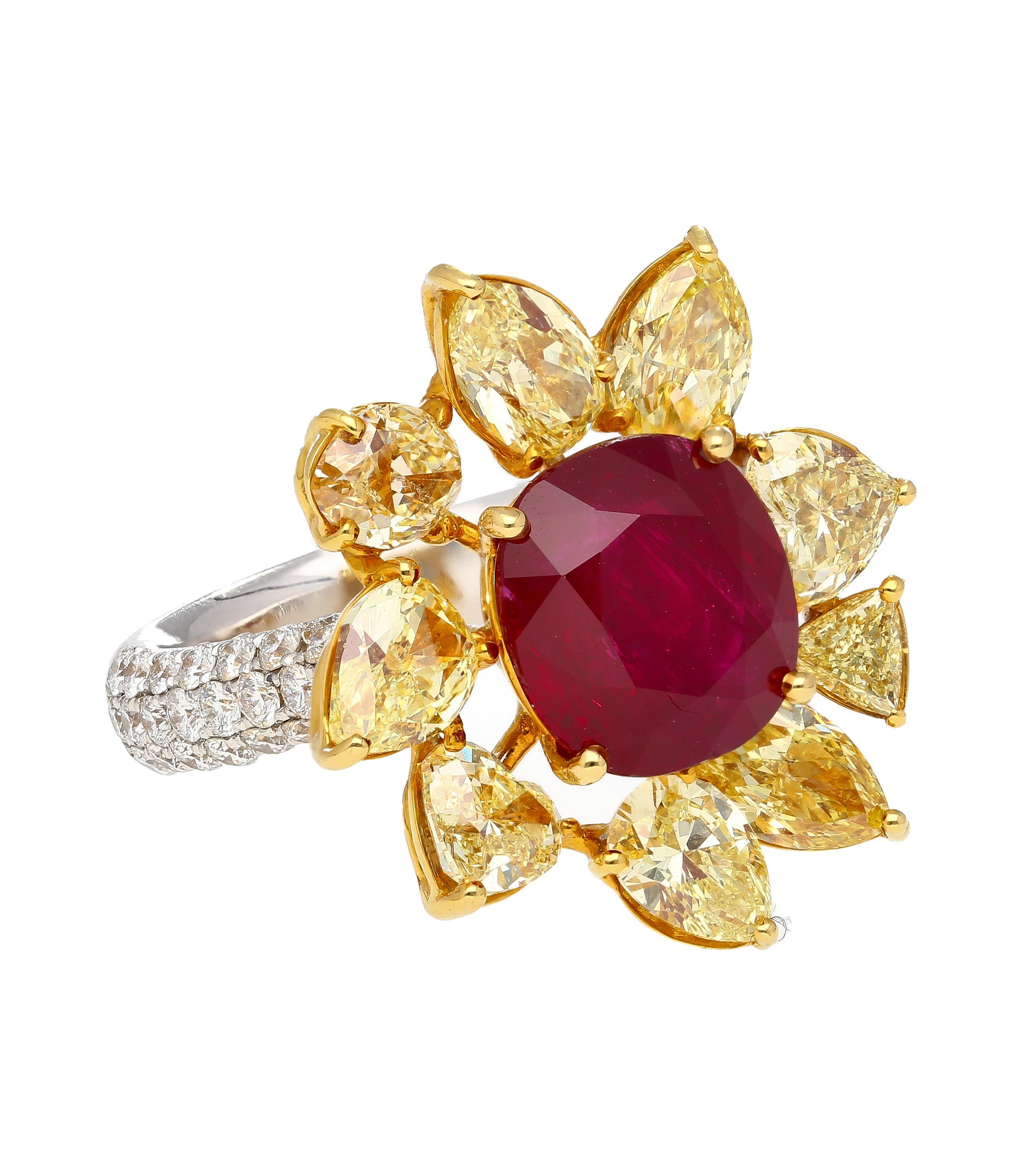 Pear Cut 5.46 Carat Burma Ruby No Heat AGL Certified and Fancy Yellow Diamond Ring For Sale