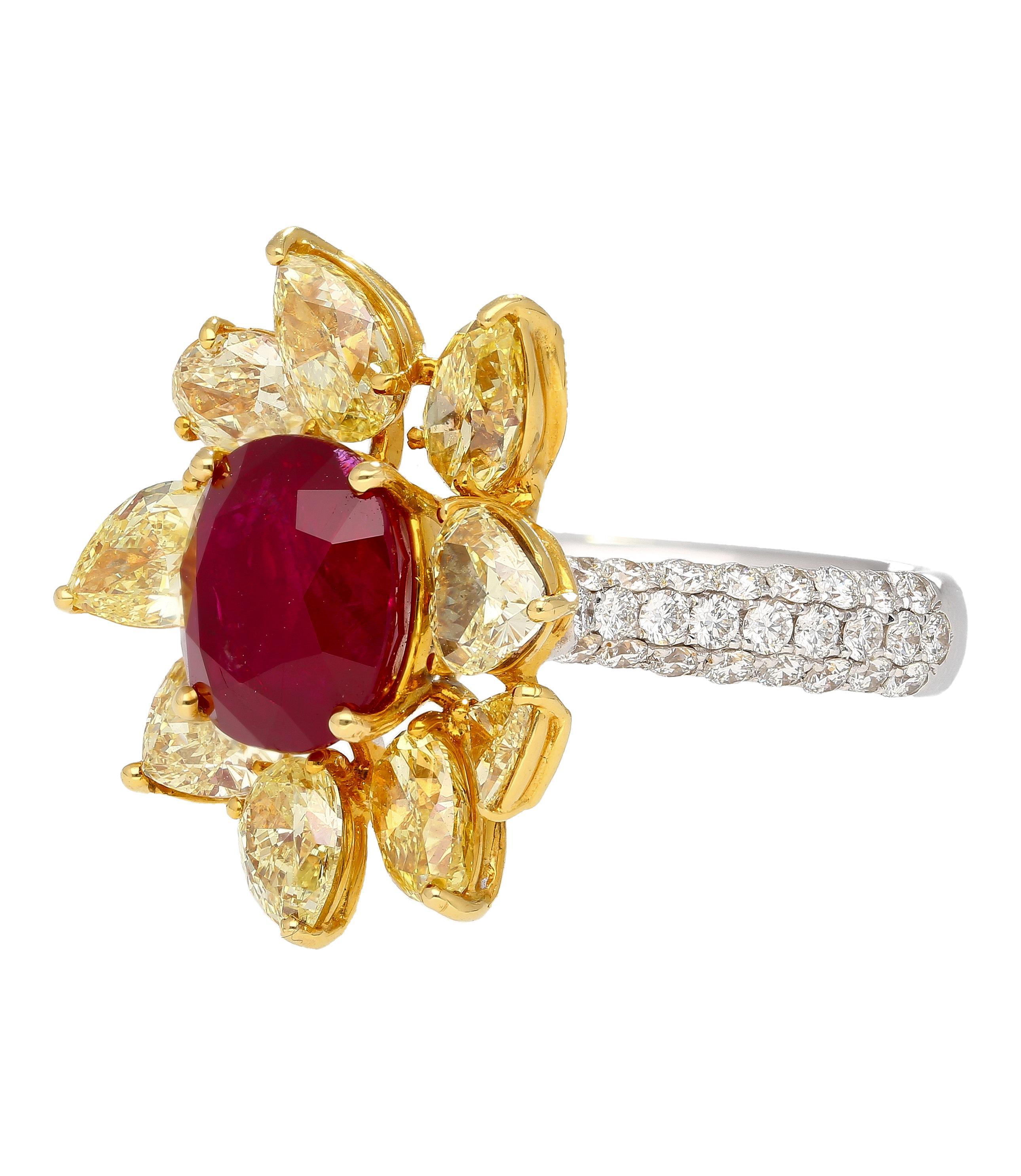 5.46 Carat Burma Ruby No Heat AGL Certified and Fancy Yellow Diamond Ring In New Condition For Sale In Miami, FL